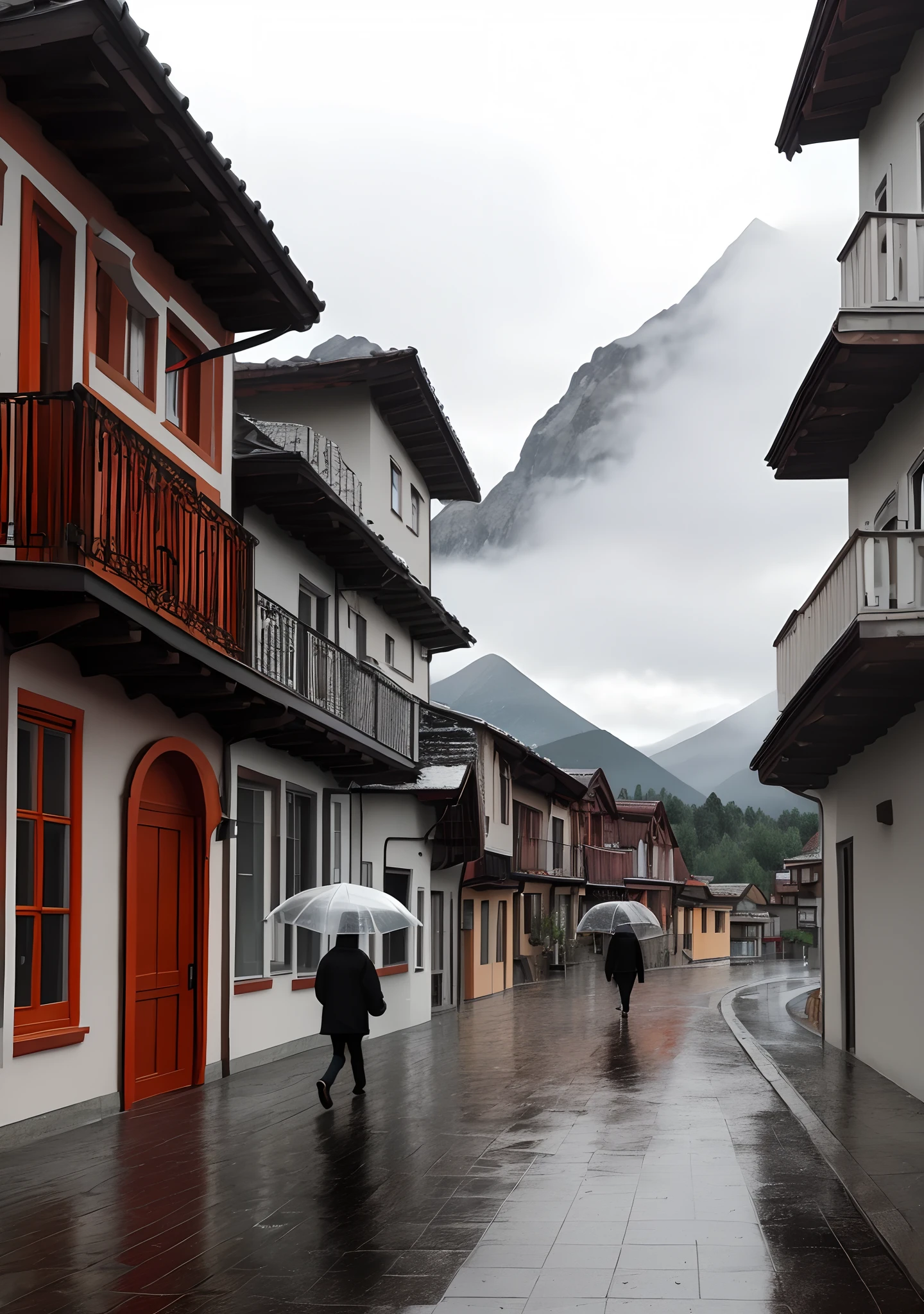 landscapes with mountains and some houses in the middle and a person walking in the rain walking down the street