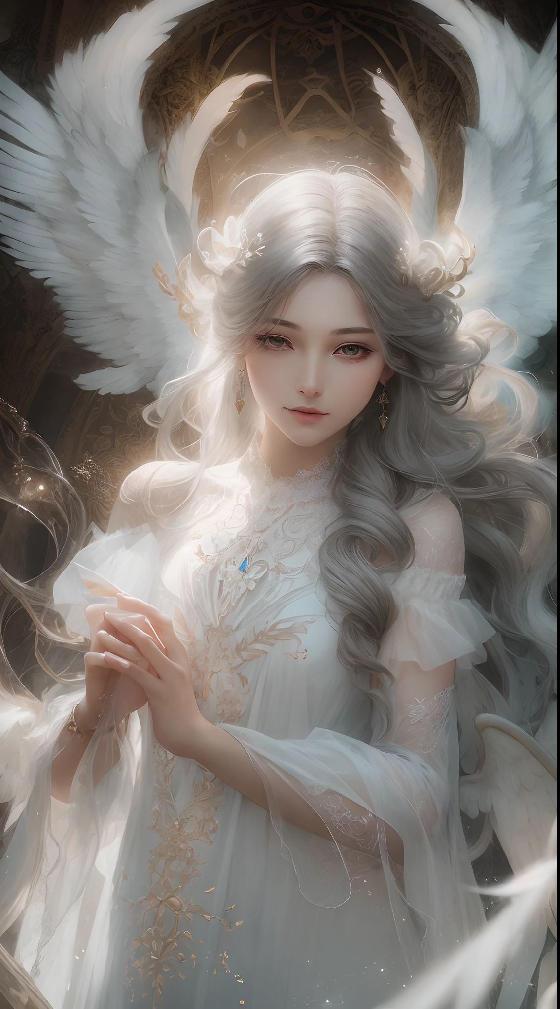 (best quality,highres,masterpiece:1.2),ultra-detailed,realistic,portrait,a girl with beautiful angel and devil wings,ethereal,soft lighting,dreamy atmosphere,soft pastel colors,peaceful garden,sheer dress,flowing hair,expressive eyes and lips,floating feathers,detailed feathers,exquisite wings,angel halo,devil horns,serene expression,gentle smile,mystical ambiance,harmony between darkness and light,contrast between good and evil,supernatural,delicate features,surreal background,subtle glow,delicate brushwork,heavenly creature,otherworldly presence,captivating beauty,graceful pose,symbolic transformation,magical aura,sublime composition,celestial being