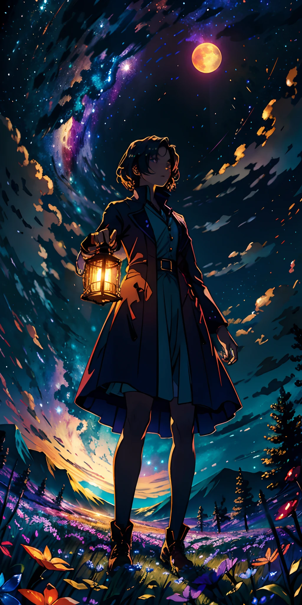 expansive landscape photograph , (a view from below that shows sky above and open field below), a girl standing on flower field looking up, (full moon:1.2), ( shooting stars:0.9), (nebula:1.3), distant mountain, tree BREAK
production art, (warm light source:1.2), (Firefly:1.2), lamp, lot of purple and orange, intricate details, volumetric lighting BREAK
(masterpiece:1.2), (best quality), 4k, ultra-detailed, (dynamic composition:1.4), highly detailed, colorful details,( iridescent colors:1.2), (glowing lighting, atmospheric lighting), dreamy, magical, (solo:1.2)