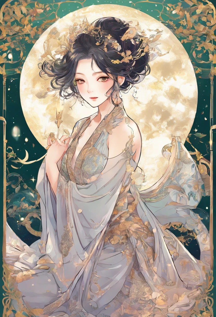 theme:(全裸の少女)、pubick hair、 Drawing illustrations of Kagaya Jocho。 The theme is a、The figure of an 18-year-old girl is、Drawing with the characteristic touch of Minoru Kagaya。 Hair is、1 copy0.Fine depiction at 5 pixels。 The background is、Beautiful cosmic starry sky、Big bright moon and aurora borealis in the night sky、Naked beautiful woman lying on her back and floating on the air、Sleeping with your crotch open。Hair is、short-cut、One-length green hair、The tips of the hair shine golden reflecting the light of the moon、The costumes are、soha、Naked wearing nothing、 Illustration by Minoru Kagaya is、It has the following features。 Drawn with fine lines、Delicate touch。 Beautiful expression of light and shadow。 The use of colors is vivid、Impression。 Keeping these characteristics in mind、When you draw an illustration、You can get closer to the illustration of Minoru Kagaya。 super detailed image、Neat beautiful face、Big eyes、Satomi Ishihara、A shiny golden tiara hair ornament on the head、In the hands、florals、Scatter particles of light in the background。Draw more close-ups of your face。Gently showing a little white teeth and smiling、Smile、ultra gigantic tits、(nipples directed upwards、Draw pubic hair too)