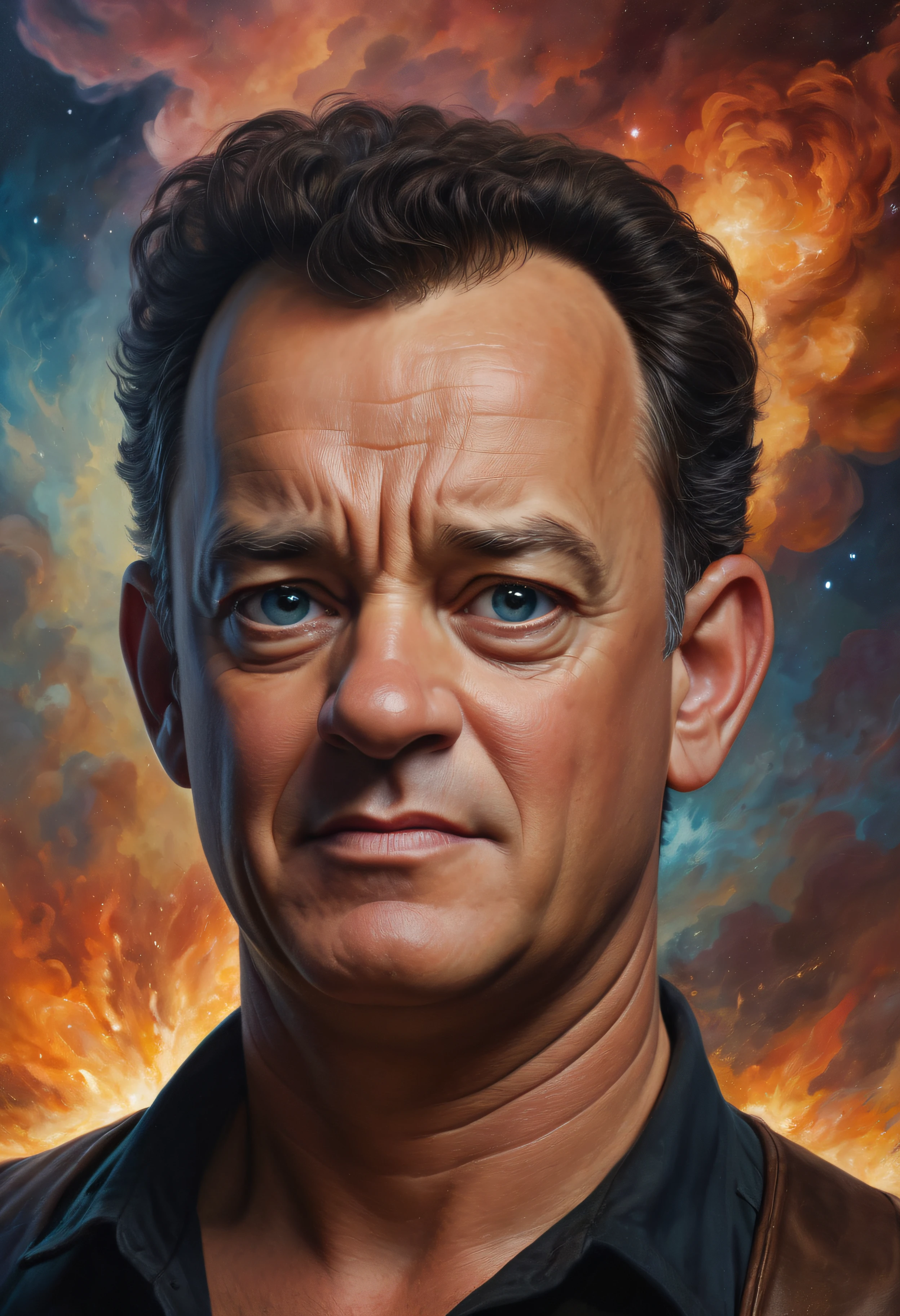 Close-up facial portrait of Tom Hanks, oil painting on canvas in the art style of Caravaggio, Thomas Kinkade, Neal Adams, Frank Frazetta, Boris Vallejo, Rembrandt, extremely colorful, outer space, planets, stars, galaxies, fire, explosions, smoke, volcanic lava, craggy mountain peaks in the background, 32k UHD, 1080p, hyper realistic, photorealistic, realistic, 1200ppi, 2000dpi, Highly detailed, extremely sharp, vibrant, colorful, well lit, full field of depth, professional quality studio image