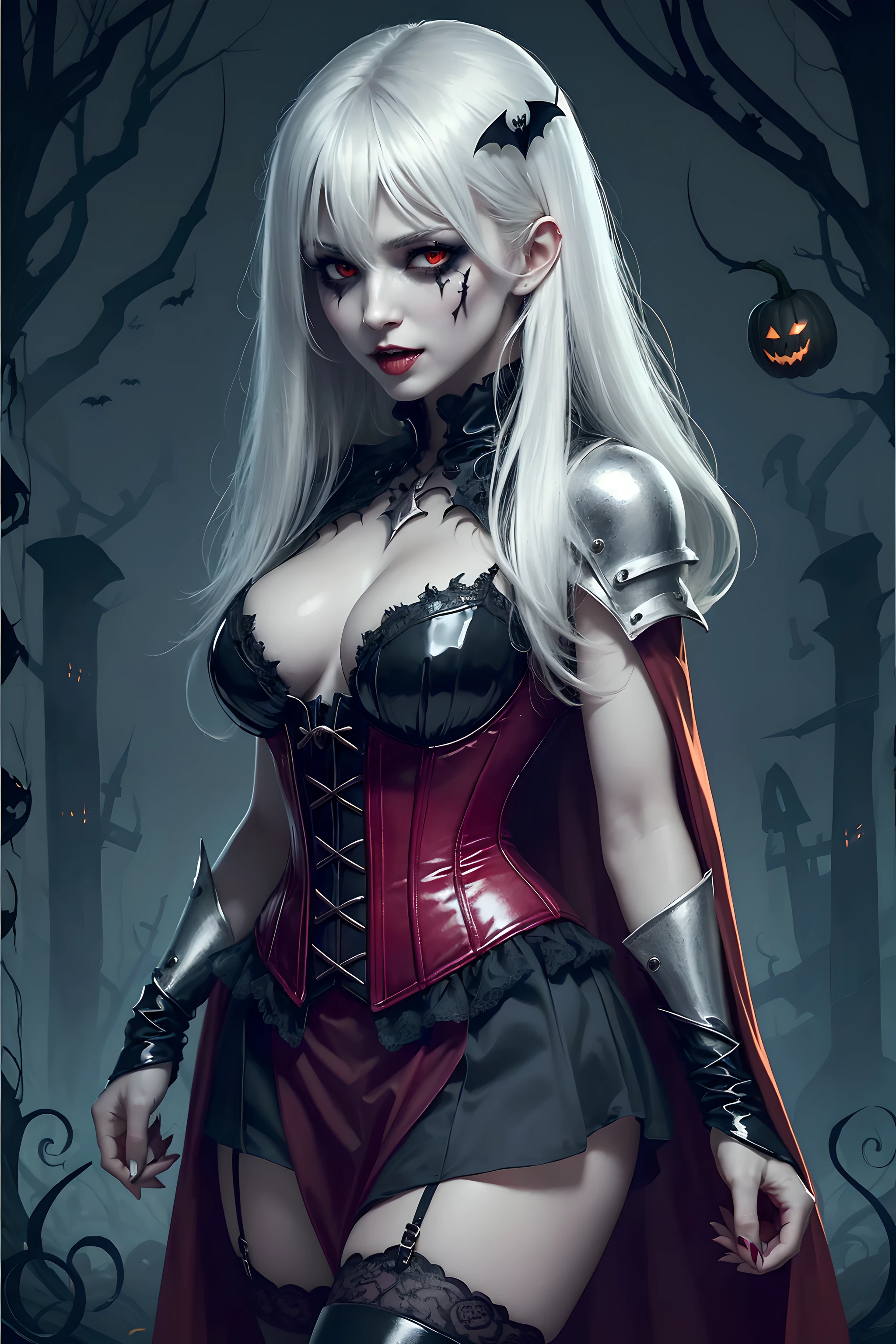 (Halloween theme:1.3), (fantasy:1.3), (vampire queen:1.3), (silver long hair:1.3), (red eyes:1.3), (vampire fangs:1.3), (extremely pretty and beautiful vampire queen:1.3), BREAK, Beautiful illustration, top-quality, (cute Russian vampire queen:1.3, Caucasian:1.3), having vampire features, (vampire queen:1.5), BREAK, (red eyes:1.5, pale skin:1.1), (beautiful, 20 years old:1.5), slim, slender, (big sagging breasts), (clean face:1.3), (vampire fangs:1.3), (ash hair:1.3), (white hair:1.3), (silver hair:1.3), BREAK, (fusion of red medieval cape dress and black elegant full lacy gothic dress), (latex corset), (black latex stockings), (knee-high-over-boots, pin-hells), (insanely detailed clothes), (halloween costume), BREAK, ((arms down:1.5)), blue eyess, lovely thighs, (jack o'lantern:1.3), (looking straight at the viewer), (view viewer:1.3), (upper body:1.3), top angle, (halloween:1.5), (halloween background:1.5), (low-key lighting, (moody ambiance):1.2, dark shadows, subtle highlights, mysterious aura), front view,