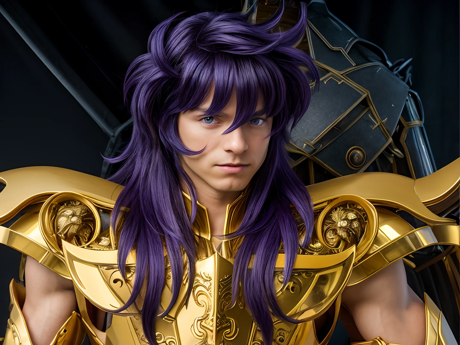 Cinematic stunningly detailed and ultra-realistic Milo Scorpio of Saint Seiya. Close up. He is wearing a golden detailed medieval armor. Shoulder armor. Muscular. He is a handsome caucasian man about 35 years old. 1boy. Detailed face. Beautiful nose. (Pretty big blue eyes). Perfect eyes. ((Shaved)). He has purple blue long hair. Messy hair. Bangs. . He is staring his enemy. (full body armor), (detailed armor, high quality), (ornate armor), (hdr), (noble), inspiring, film, cinematic lighting, (no hair adornment).