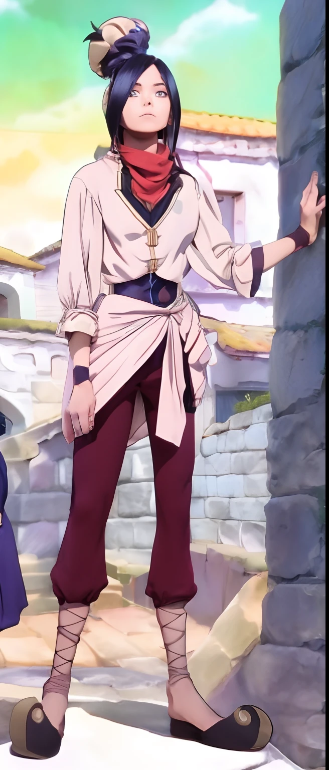anime characters in costumes standing in front of a stone wall, full colored, anime image, full body close-up shot, beautiful image, barefoot, no shoes, no sock's