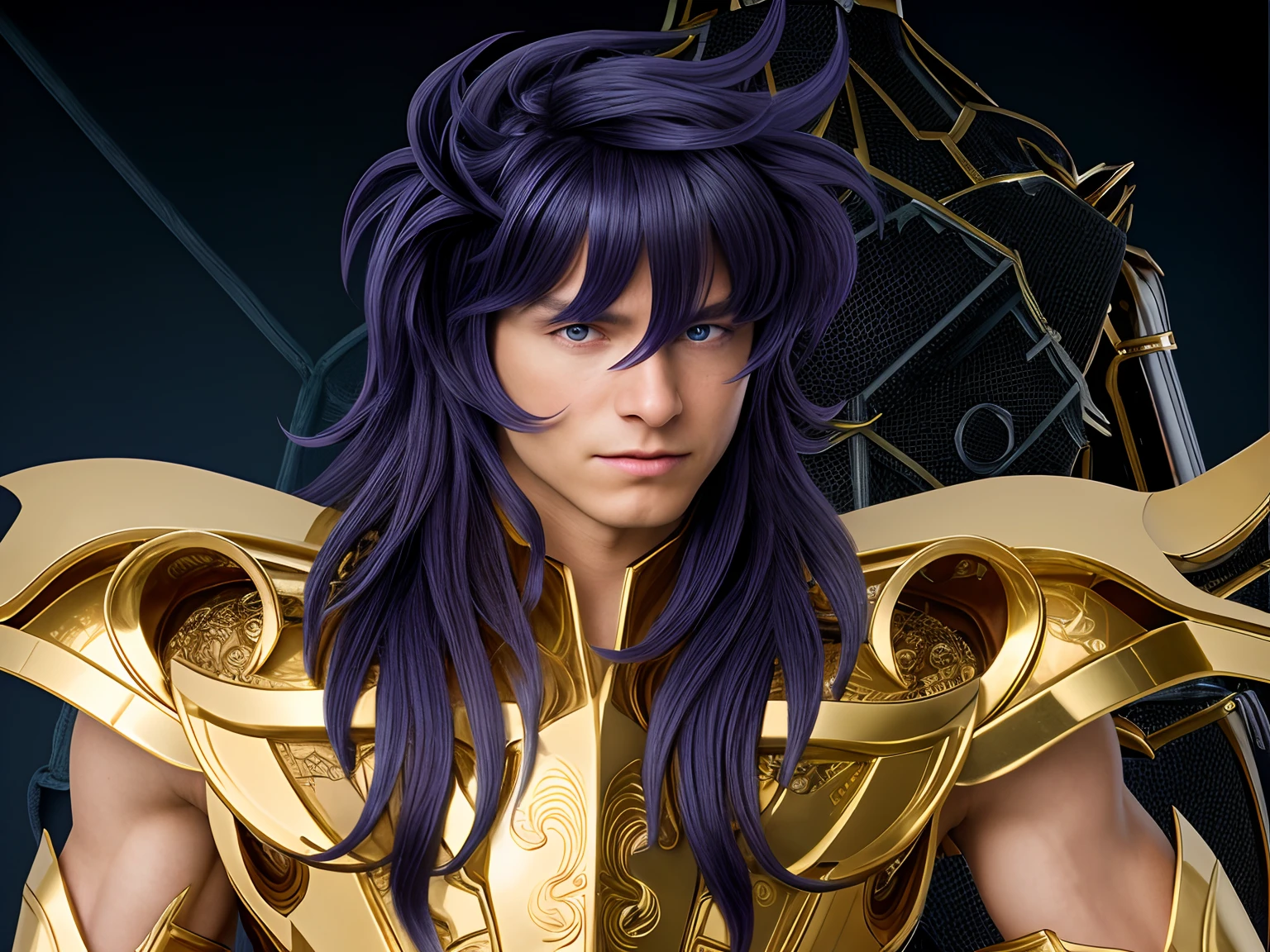 Cinematic stunningly detailed and ultra-realistic Milo Scorpio of Saint Seiya. Close up. He is wearing a golden detailed medieval armor. Shoulder armor. Muscular. He is a handsome caucasian man about 35 years old. 1boy. Detailed face. Beautiful nose. (Pretty big blue eyes). Perfect eyes. ((Shaved)). He has purple blue long hair. Messy hair. Bangs. . He is staring his enemy. (full body armor), (detailed armor, high quality), (ornate armor), (hdr), (noble), inspiring, film, cinematic lighting, (no hair adornment).