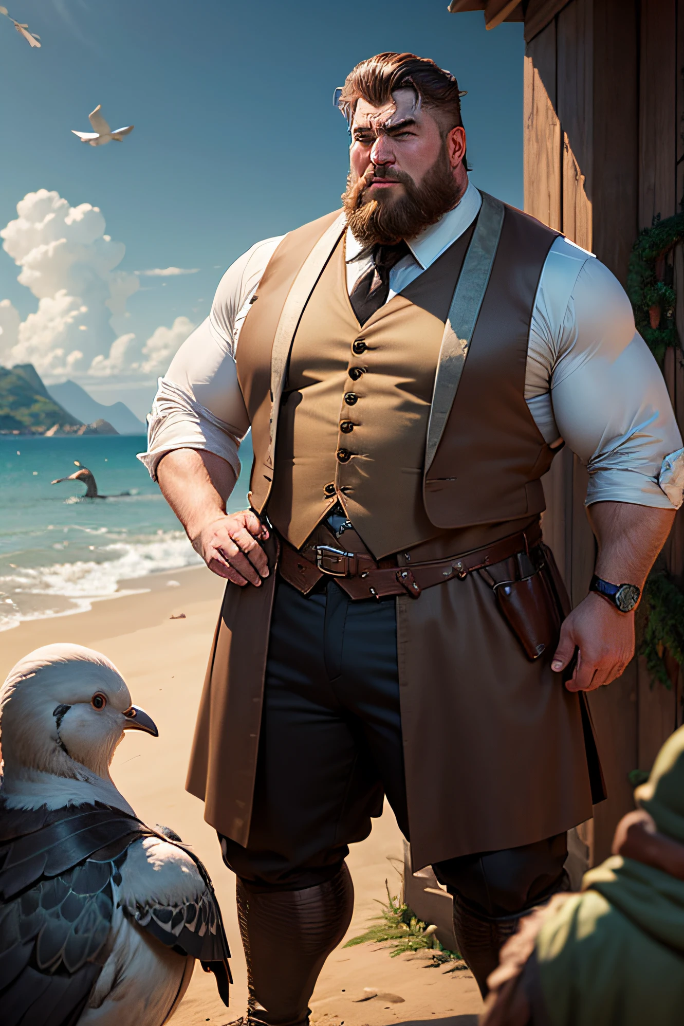 A handsome, hunched, stocky giant dressed in fancy clothes is talking to some turtledoves to be allowed to visit the owner of the mysterious island. He has been robbed of a very valuable object and his expression of distress is very evident.