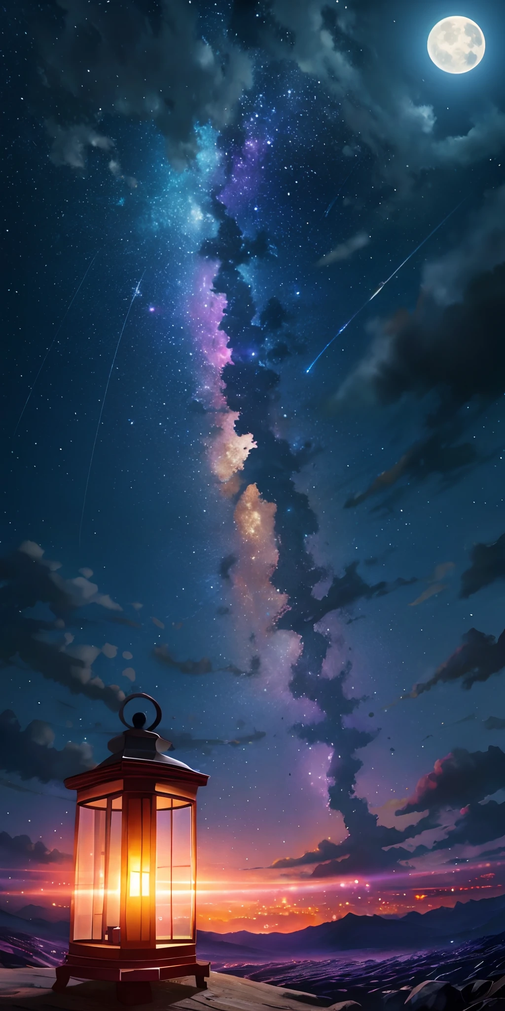 expansive landscape photograph , (a view from below that shows sky above and open field below), (full moon:1.2), ( shooting stars:0.9), (nebula:1.3), distant mountain, tree BREAK
production art, (warm light source:1.2), (Firefly:1.2), lamp, lot of purple and orange, intricate details, volumetric lighting BREAK
(masterpiece:1.2), (best quality), 4k, ultra-detailed, (dynamic composition:1.4), highly detailed, colorful details,( iridescent colors:1.2), (glowing lighting, atmospheric lighting), dreamy, magical