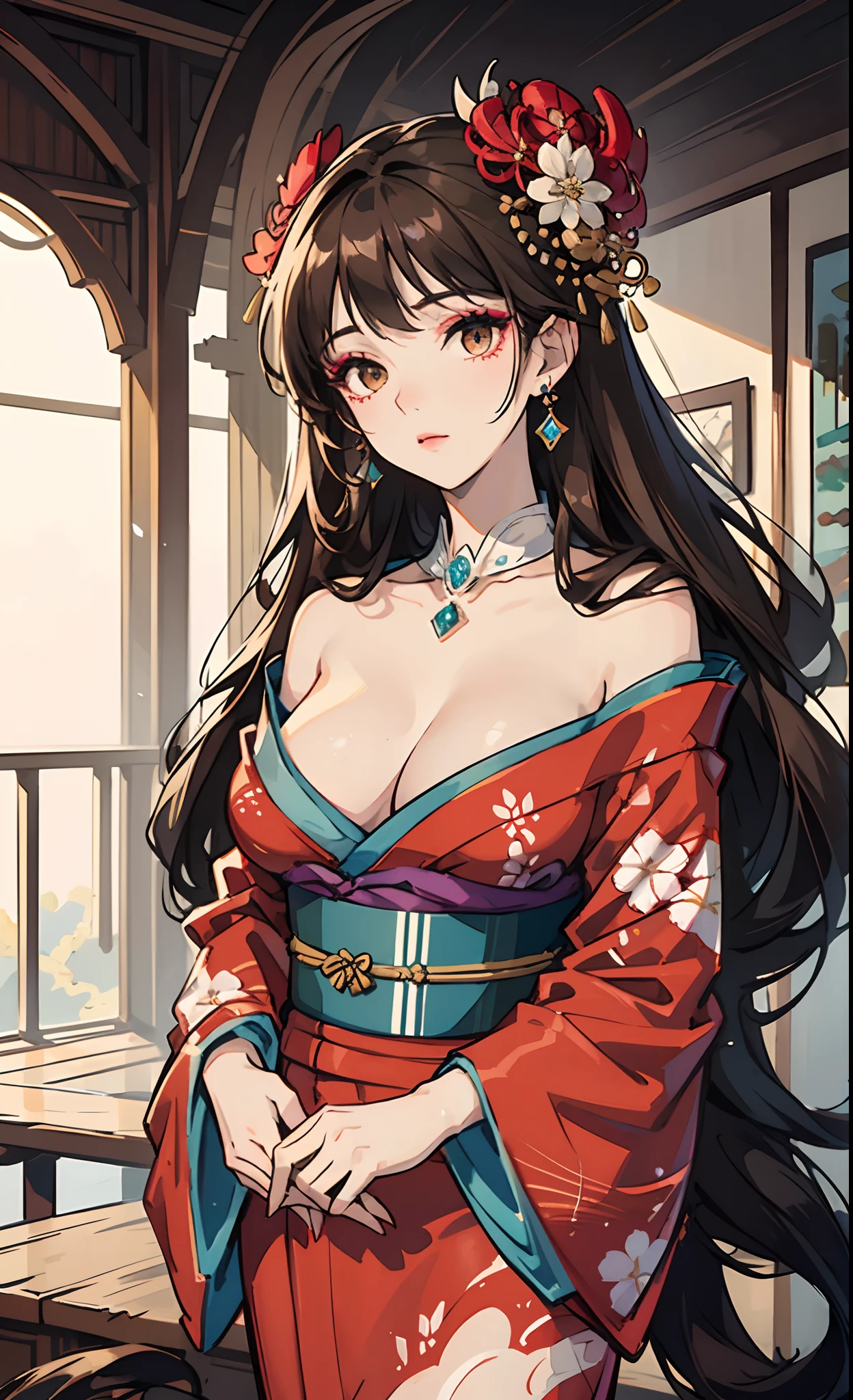 CG illustration, female, long dark brown hair, wearing hair ornaments, dressed in a kimono, open breasts, elegant, jewelry, aesthetic, beautiful, makeup, delicate, royal