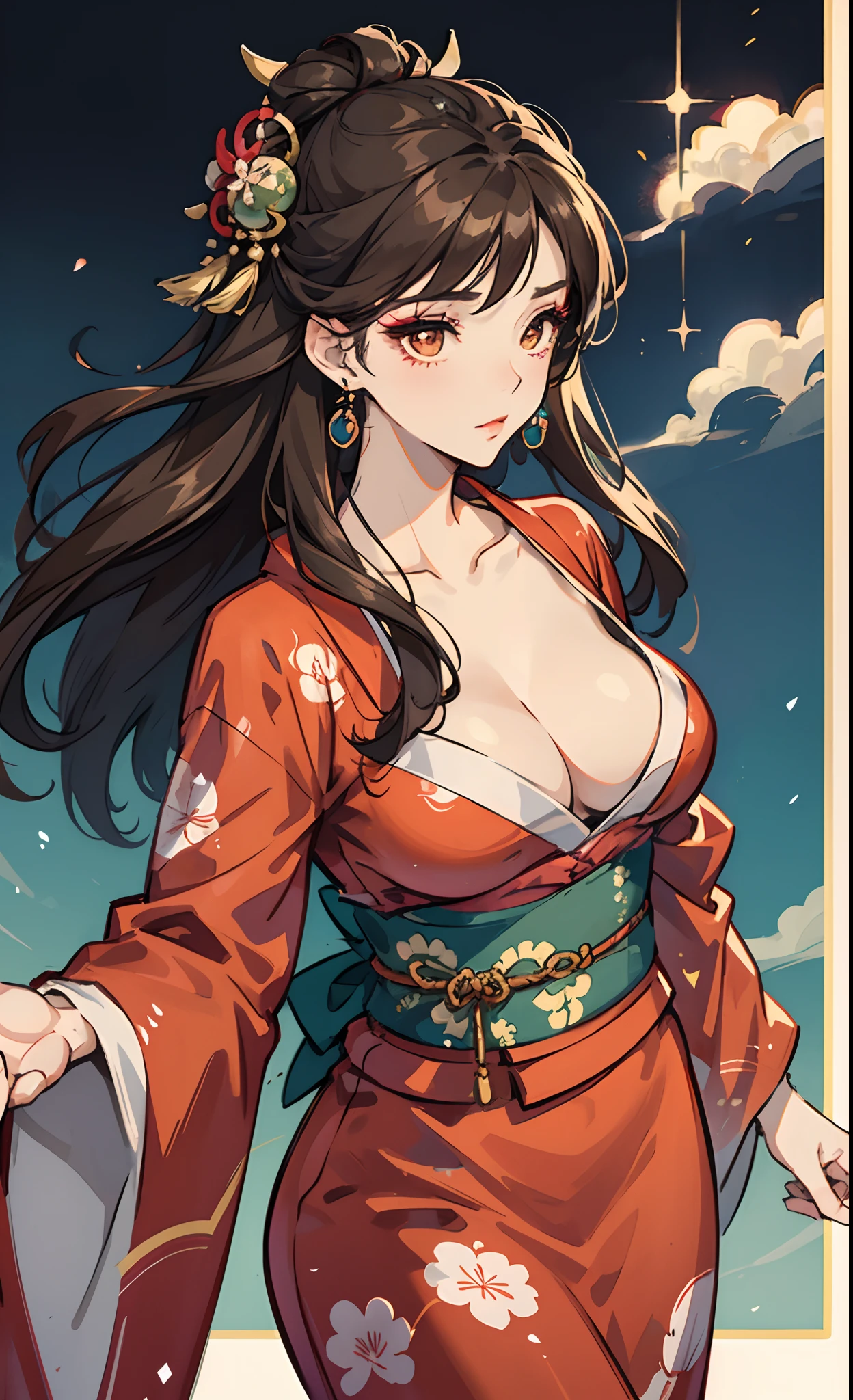 CG illustration, female, long dark brown hair, wearing hair ornaments, dressed in a kimono, open breasts, elegant, jewelry, aesthetic, beautiful, makeup, delicate, royal