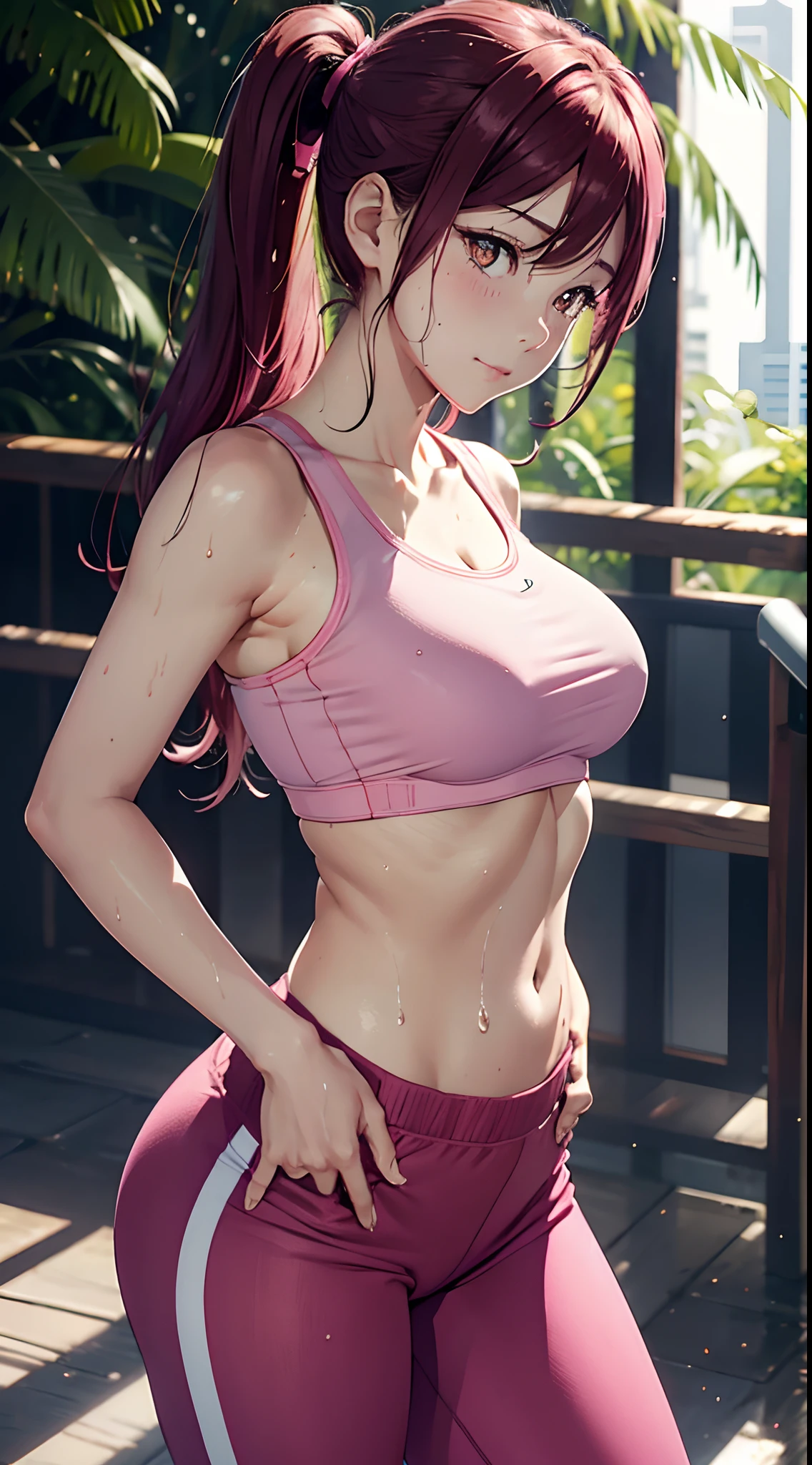 Sakurauchi riko, pink skinny sweet pants, tight gym bra, sweating,sweat drops ,  (cleavage:0.7),unstyled hair,wet hair,yellow eyes,thicc legs, standing, posing for picture, slightly smile,toned stomach, hands inside her pants,(from side:0,8),(muscular:0.7)