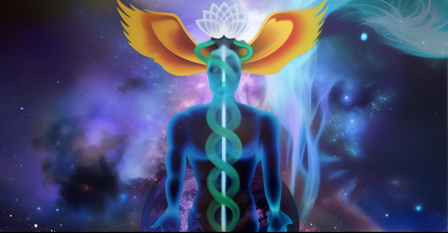 pintura de uma mulher com uma flor no cabelo e um homem no fundo, kundalini energia, Viagem Astral, Entidade DMT, irradiando energia de renascimento, Entidades DMT, epic shamanic dmt art, dmt ego morte, emanando com aura azul, dmt deus, Arte DMT, um ser interdimensional, galactic dmt entity, perfil de homem a esquerda e mulher a direita