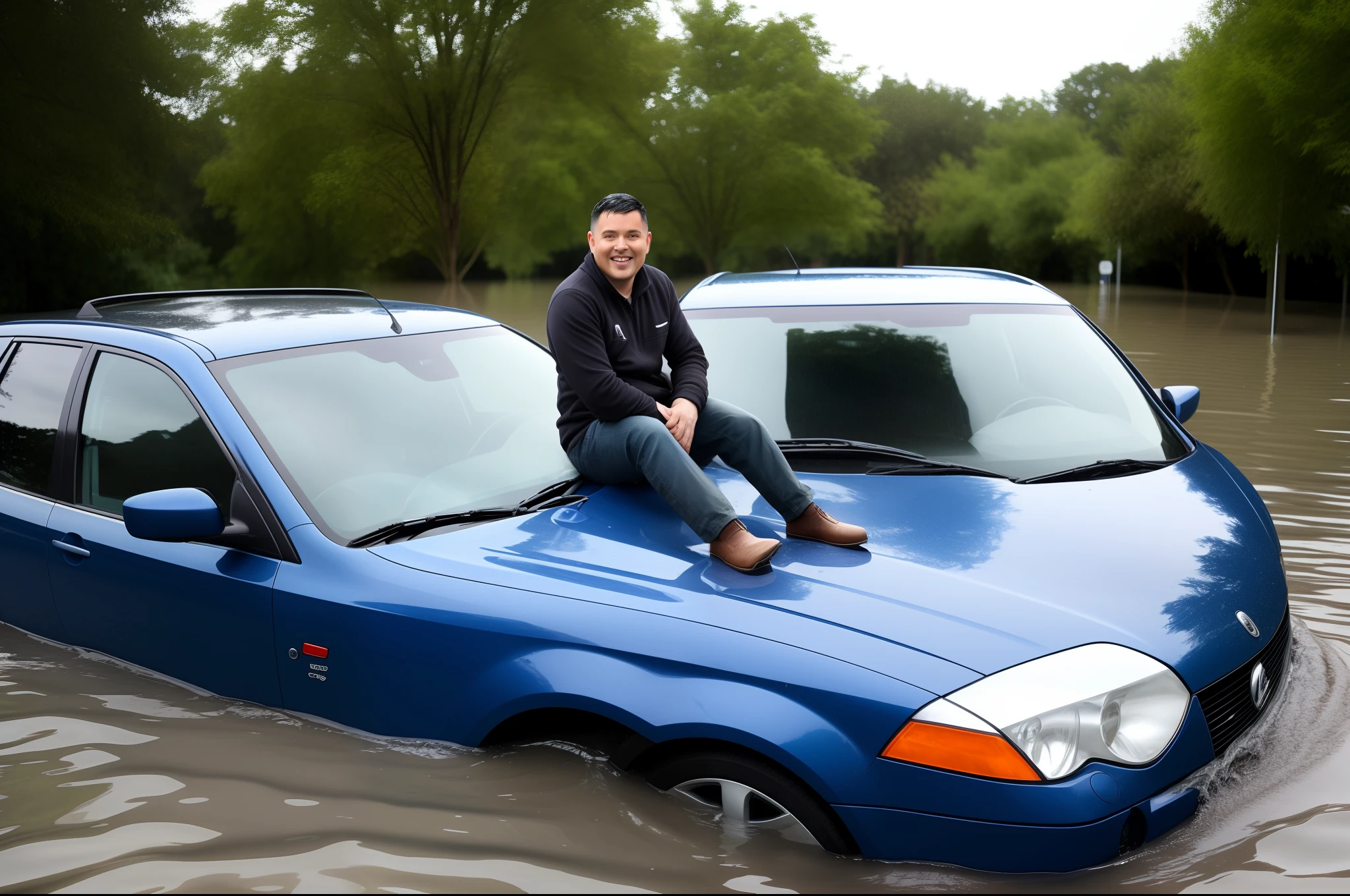 Man sitting on car with flooded water sad