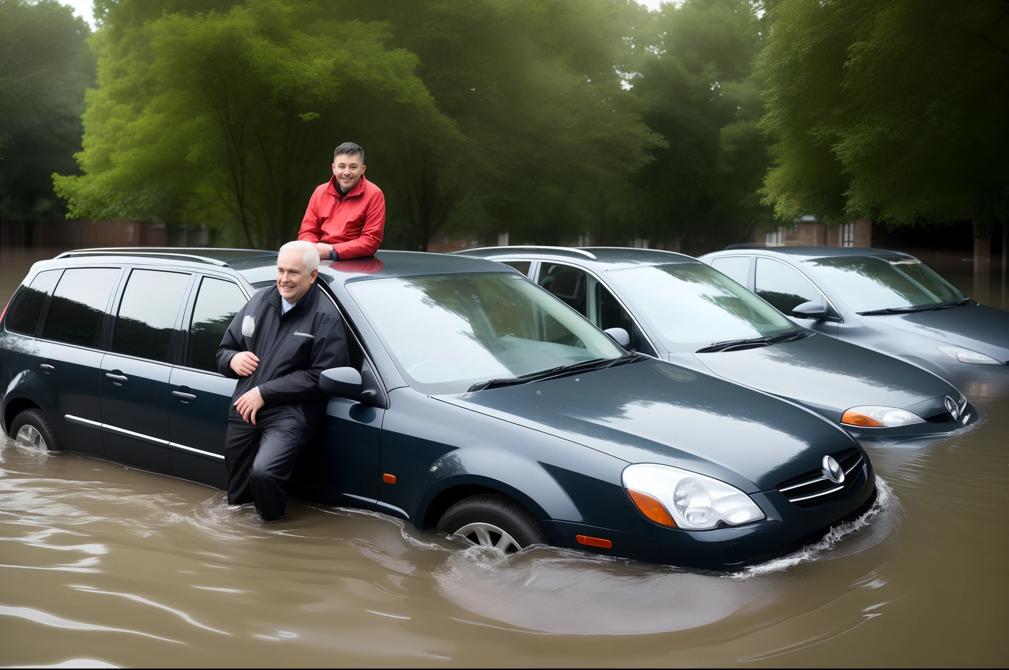 Man sitting on car with flooded water sad
