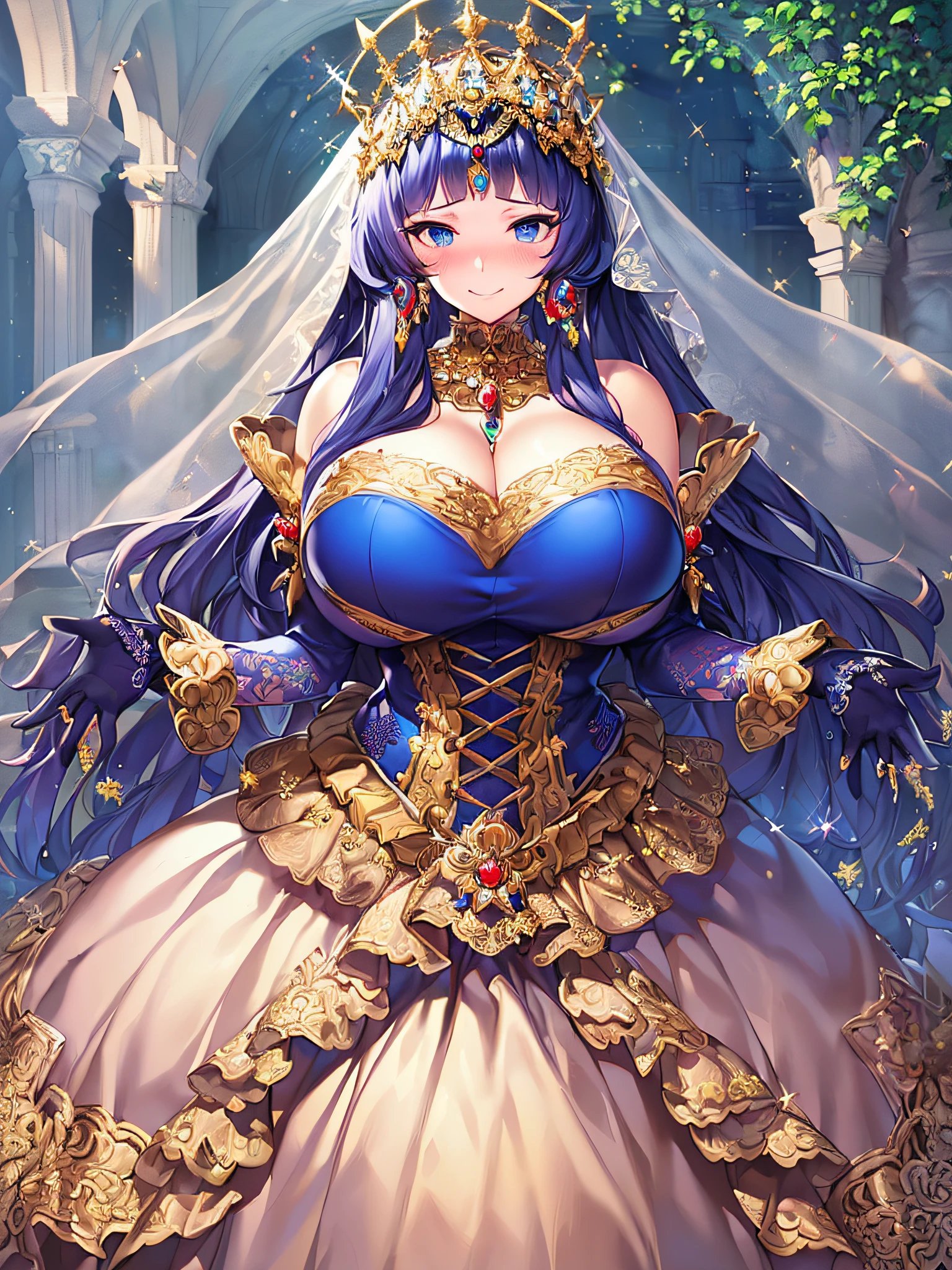 ((Anime Art Style)),(masutepiece),(Best Quality), (Super Detail),(Highly detailed CG Unity 8k wallpaper),((Very delicate and beautiful)),((Full body portrait)),((Stand in the garden)),((Solo)),(((One princess in gorgeous embroidery and jeweled very gorgeous rococo princess ball gown with voluminous full-length hoop skirt ))),((Crinoline Hoop Skirt)),Long Train,((Gorgeous embroidery and jewelry)),voluminous ruffles,(((very very gigantic boobs,Skindentation))),((Very long straight hair,Very voluminous straight long hair,Very long straight hair)),(finely detailed face and eyes),((Seductive smile,embarrassed)),Beautiful eyes like jewels,Very gorgeous hair ornament,(A very gorgeous tiara adorned with bling-bling jewels),((Glitter Gorgeous Gemstone Jewelry)),Gorgeous Long Veil,(opera gloves),(Beautiful background),(Full body),((gorgeous embroidery and jeweled gorgeous rococo princess ball gown with voluminous full-length hoop skirt)),