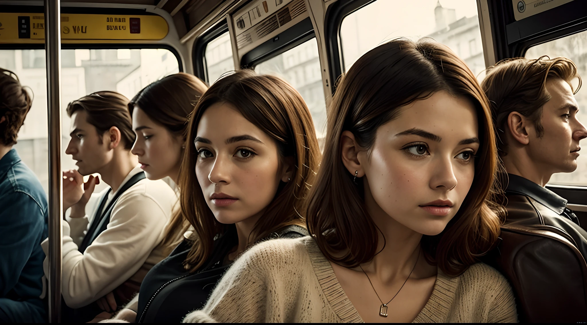 Woman in Bus, 60s, reminiscing about her youth, lost in thought, remembering her old home, crowded city bus, dimly lit, nostalgic, oil painting, realism, canvas, portrait, warm tones, classical, intimate, soft strokes, emotional, pensive atmosphere, vintage, sepia tint, detailed brushwork, old-fashioned, emotional narrative, skilled artist, captivating expression, traditional medium, poignant storytelling.