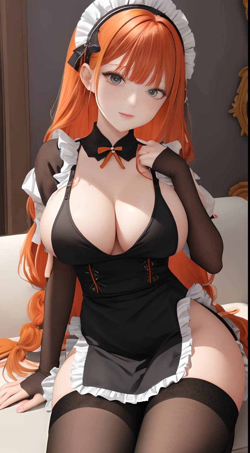 /draw apron orange_hair green_eyes breasts breasts_out couch dress female frills gloves highres koruse large_breasts long_hair looking_at_viewer lying maid maid_apron maid_headdress no_panties original solo gloves black pantyhose lifts her skirt and shows her ass in pantyhose HD UHD HQ