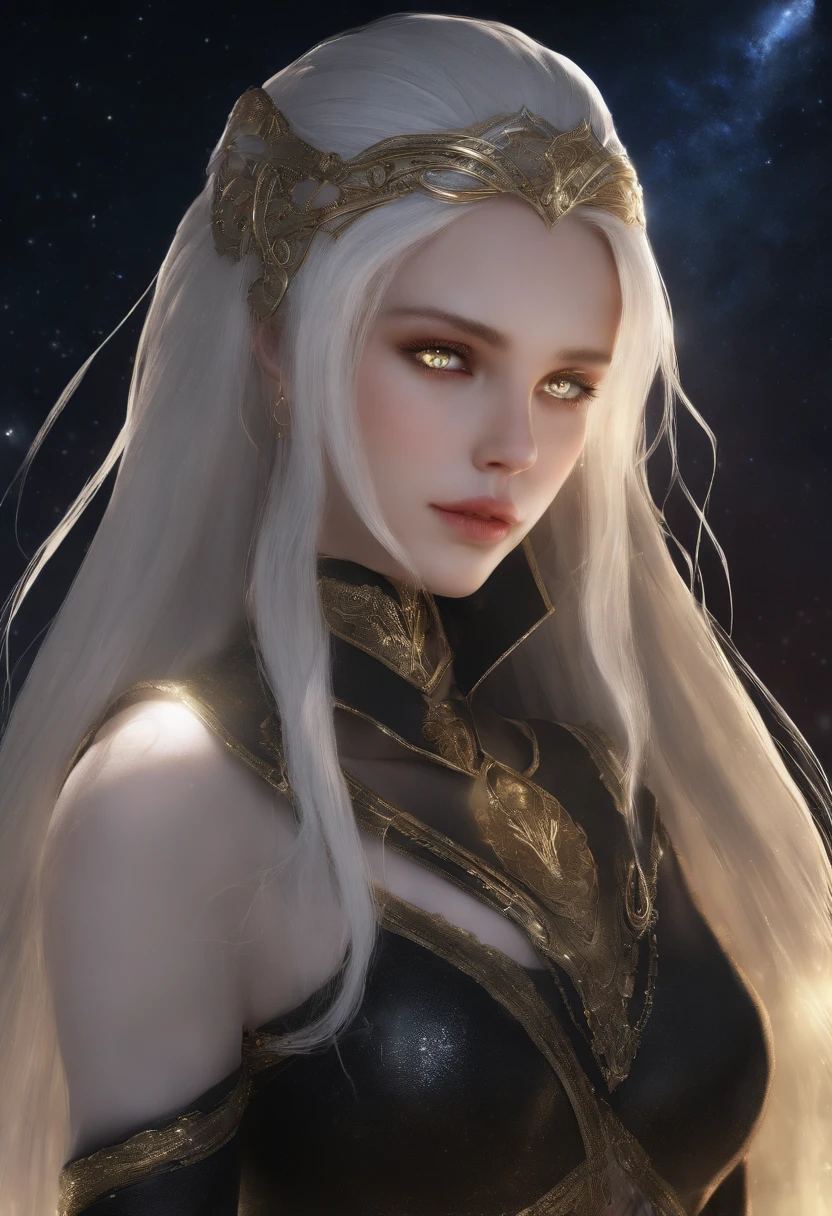 absurdres ,masterpiece, HQ, 4k, HDR, best quality, 1girl at center screen with beautifulface, white_hair. (black costume:1.2),deep dark, bangs, breasts, eyebrows_visible_through_hair, hair_ornament, light_particles, long_hair, looking_at_viewer, medium_breasts, dune surface, solo, space, star_(sky), starry_sky, twintails, very_long_hair, yellow_eyes,  transparent, see-through,(Background_Giedi_Prime_Dune:1.0), (innocent face:1.1),  beautiful eyes, volumetric lighting, real shadows.