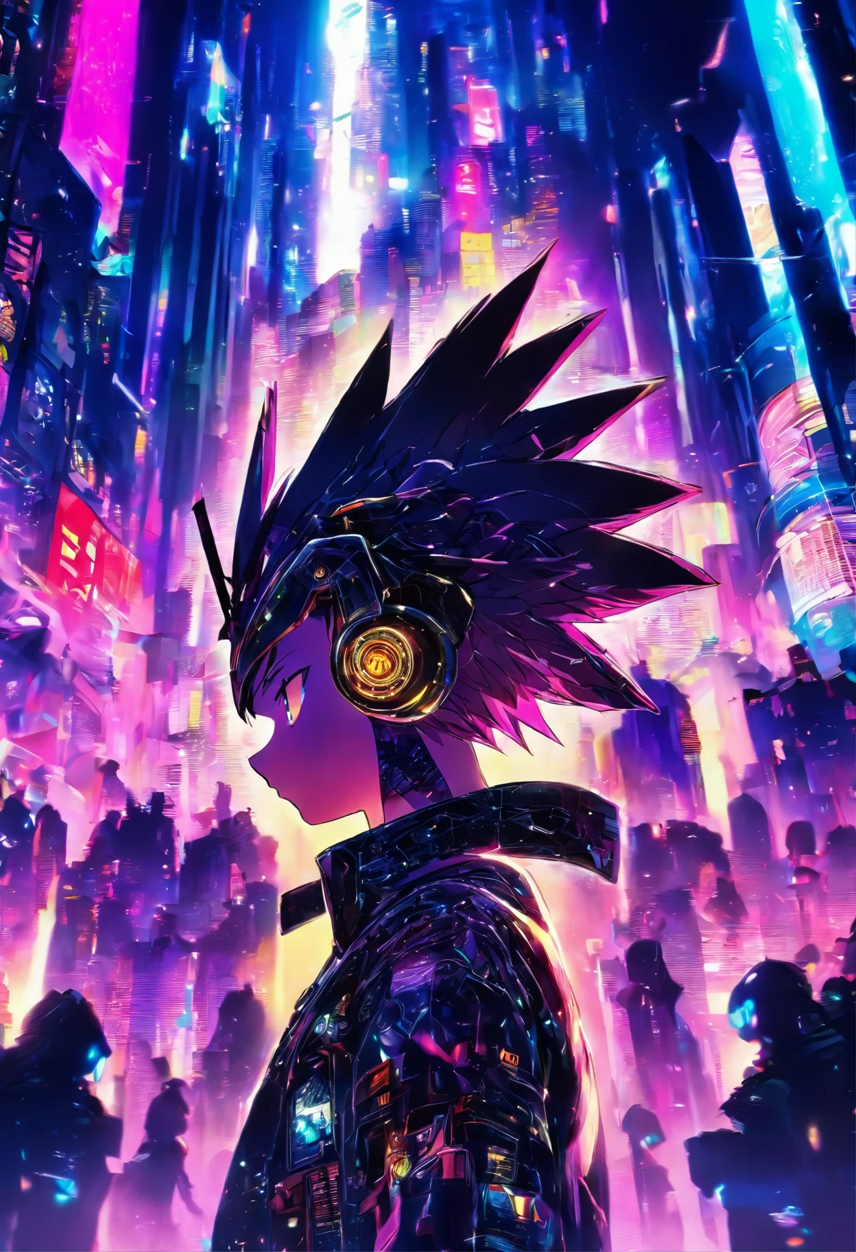 In Cyber punk city, a small boy standing in angle appearance having angle wings on his back and glowing ring over his head , his dress can reflect lights around, side portrait,half body, in crowd looking straight, Cyber punk city lighting in background, 3d anime, niji anime, detailed face, cute.