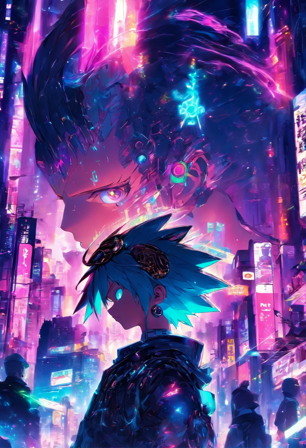 In Cyber punk city, a small boy standing in angle appearance having angle wings on his back and glowing ring over his head , his dress can reflect lights around, side portrait,half body, in crowd looking straight, Cyber punk city lighting in background, 3d anime, niji anime, detailed face, cute.