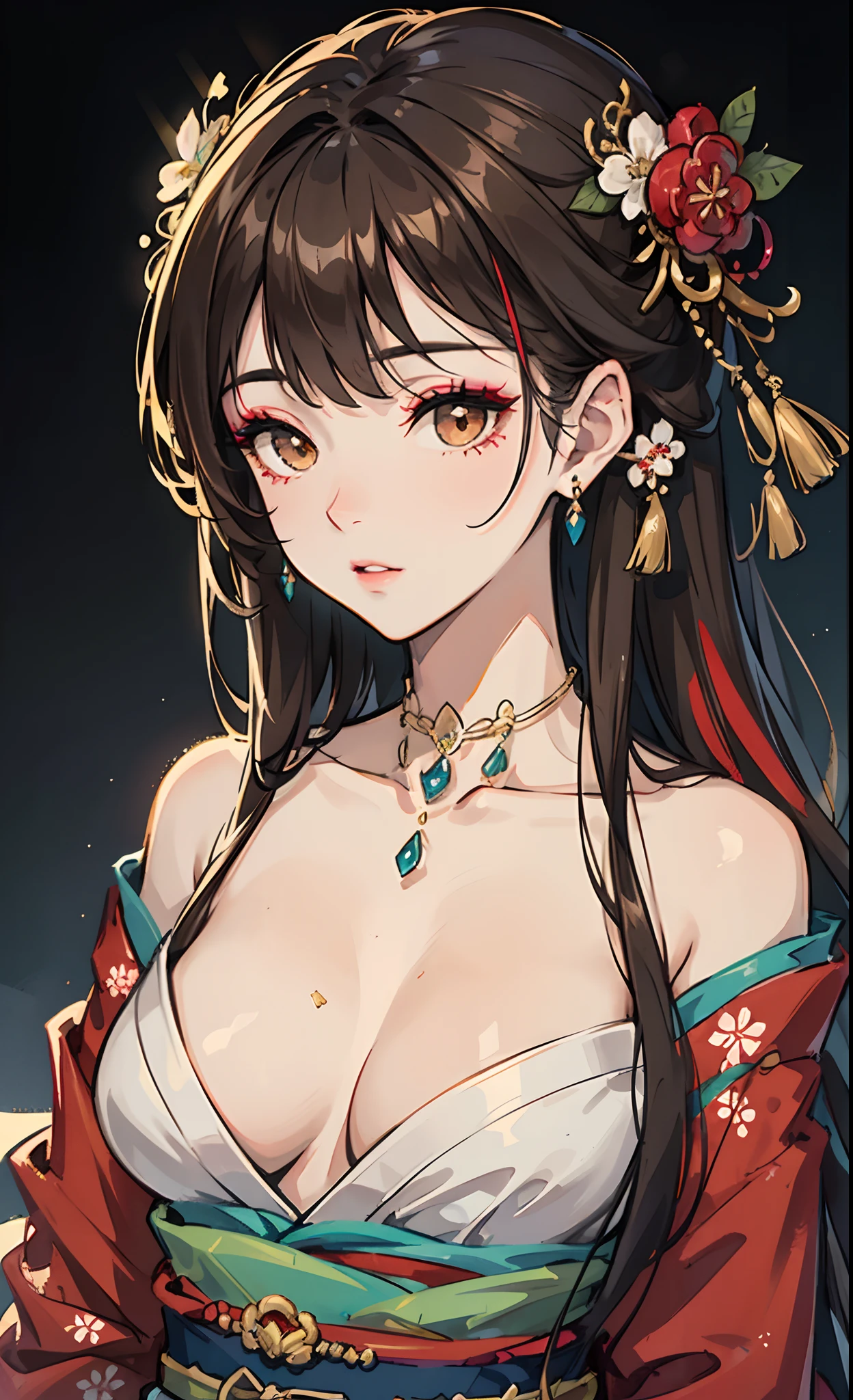 CG illustration, female, long dark brown hair, wearing hair ornaments, dressed in a kimono, open breasts, elegant, jewelry, aesthetic, beautiful, makeup, delicate, royal