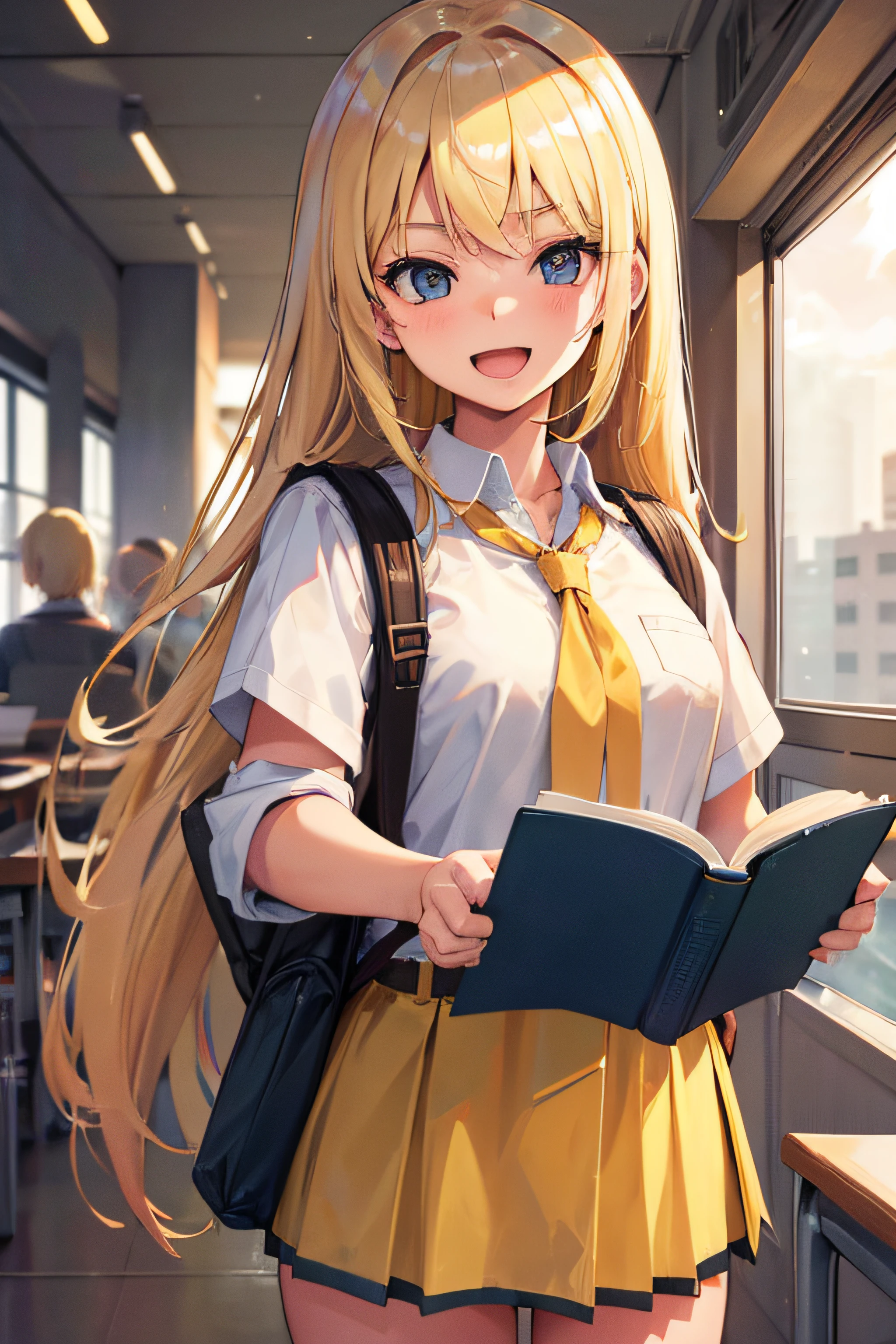 (blonde female student), (high school setting), (uniform), (textbooks), (backpack), (friendly and cheerful), (8K)