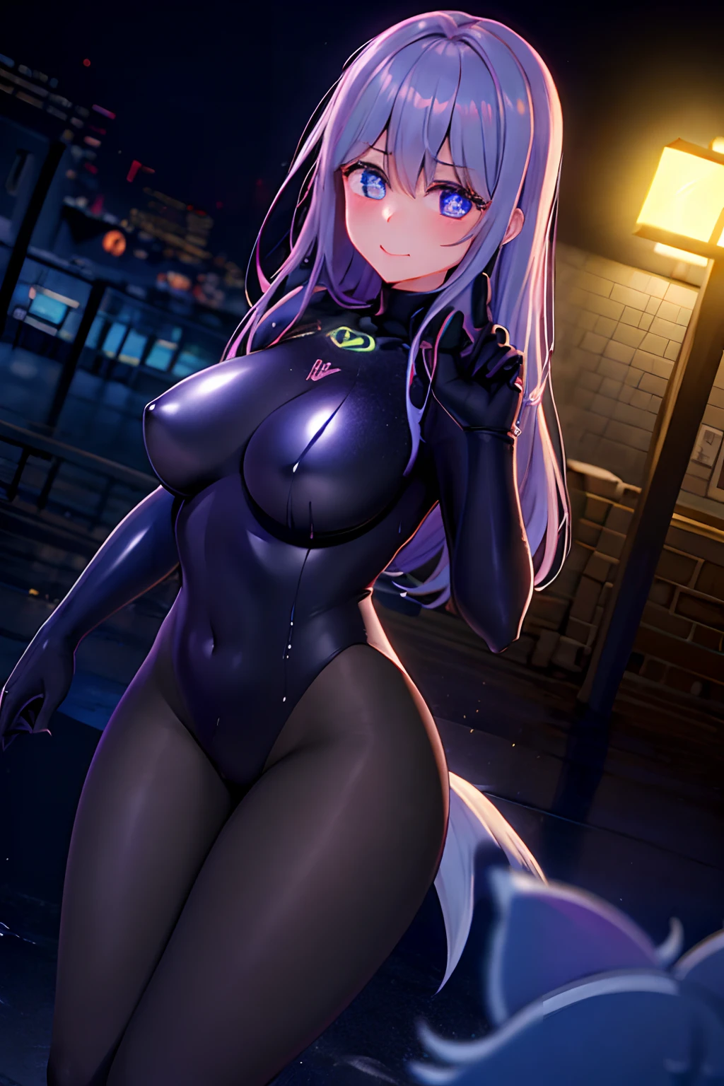 1人, Wet Picture-Beautiful Face, lila Haar, pantyhose Bodysuit, bedeckter Bauchnabel, lila Augen, Hüftwind, niedlich, Schauen Sie sich den Viewer an, Night Town, Neon,