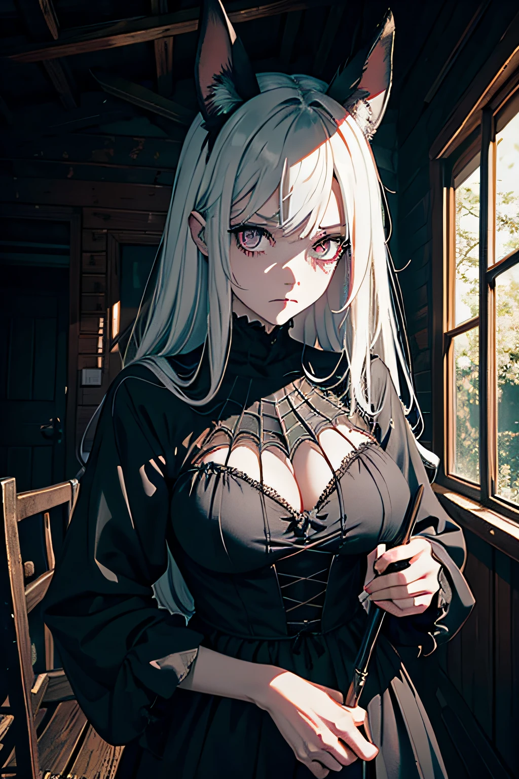 Dark Fantasy, Conceptual Hero, Creepy character, A gloomy character, Monstro Girl, Spider Girl, Werewolf Spider, Shaded eyes, Dark eyes, white colored hair, bunny ears, Spider Traits, surrounded by subtle, Sharp, almost imperceptible threads of cobwebs, neat unwrinkled medieval light clothes, Holding an ornate tool in his hands, Silent melody, Gloomy image, In an abandoned cabin, Nighty night, High-quality image, without a similar atmosphere