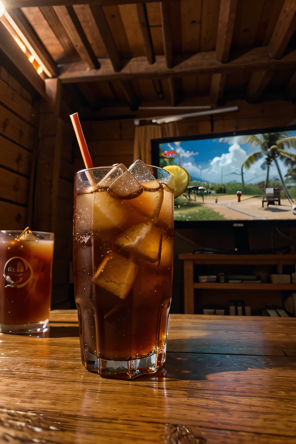 A cubalibre drink with a video game joystick with a funny little house next to it.