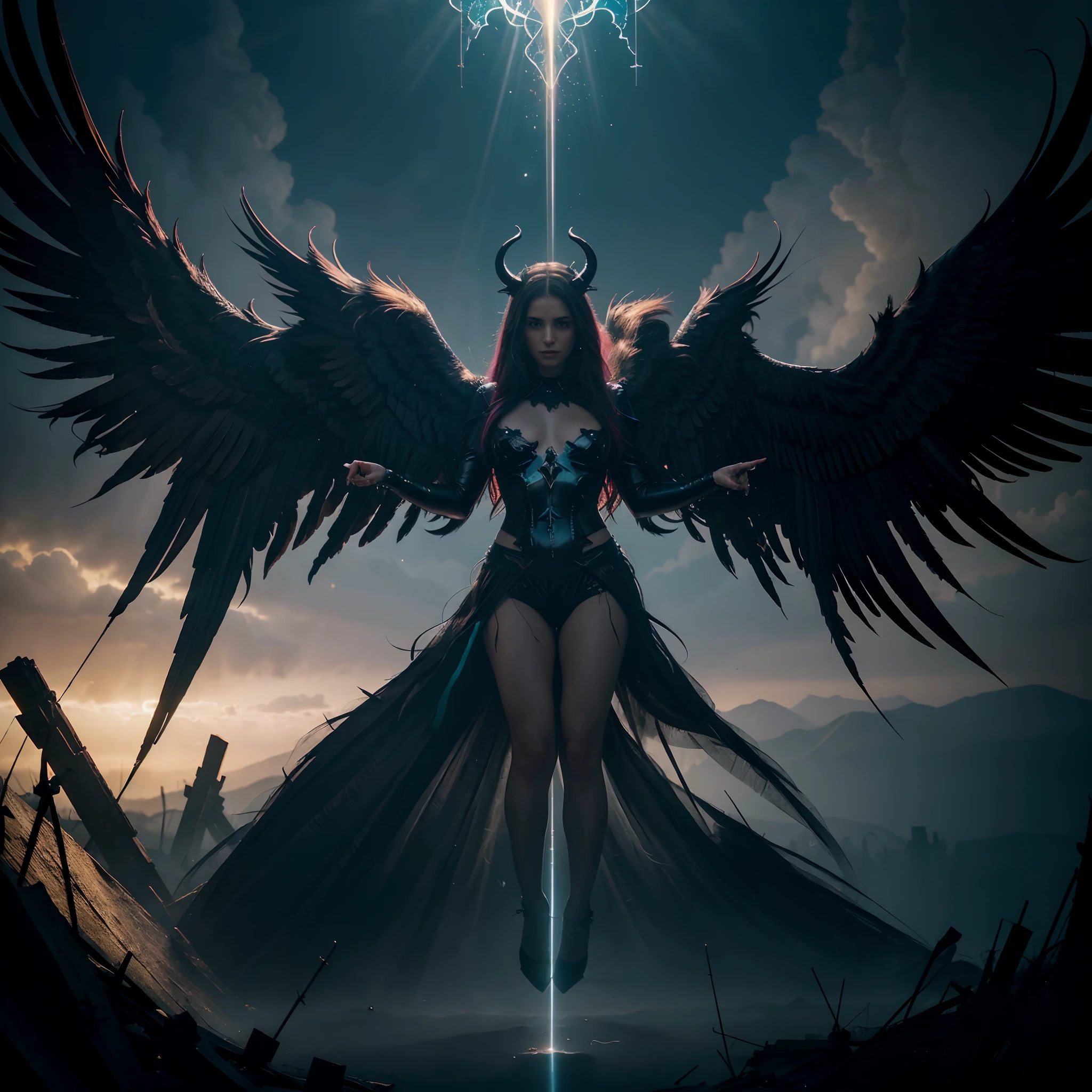 angel with devil horns, satanic yet sweet, broken halos,album cover,saint vs sinner imagery,(best quality,4k,8k,highres,masterpiece:1.2),ultra-detailed,(realistic,photorealistic,photo-realistic:1.37),painting,chaotic brush strokes,ethereal atmosphere,vivid colors,abstract concept,heavenly angel,demonic figure,halo floating above a figure,divine light,shadow casting,vibrant gradient,holy wings,ominous presence,contrasting elements,spiritual iconography,celestial background,harmony and chaos,duality of good and evil,contradictory composition,emotional depth,artistic interpretation,mysterious narrative