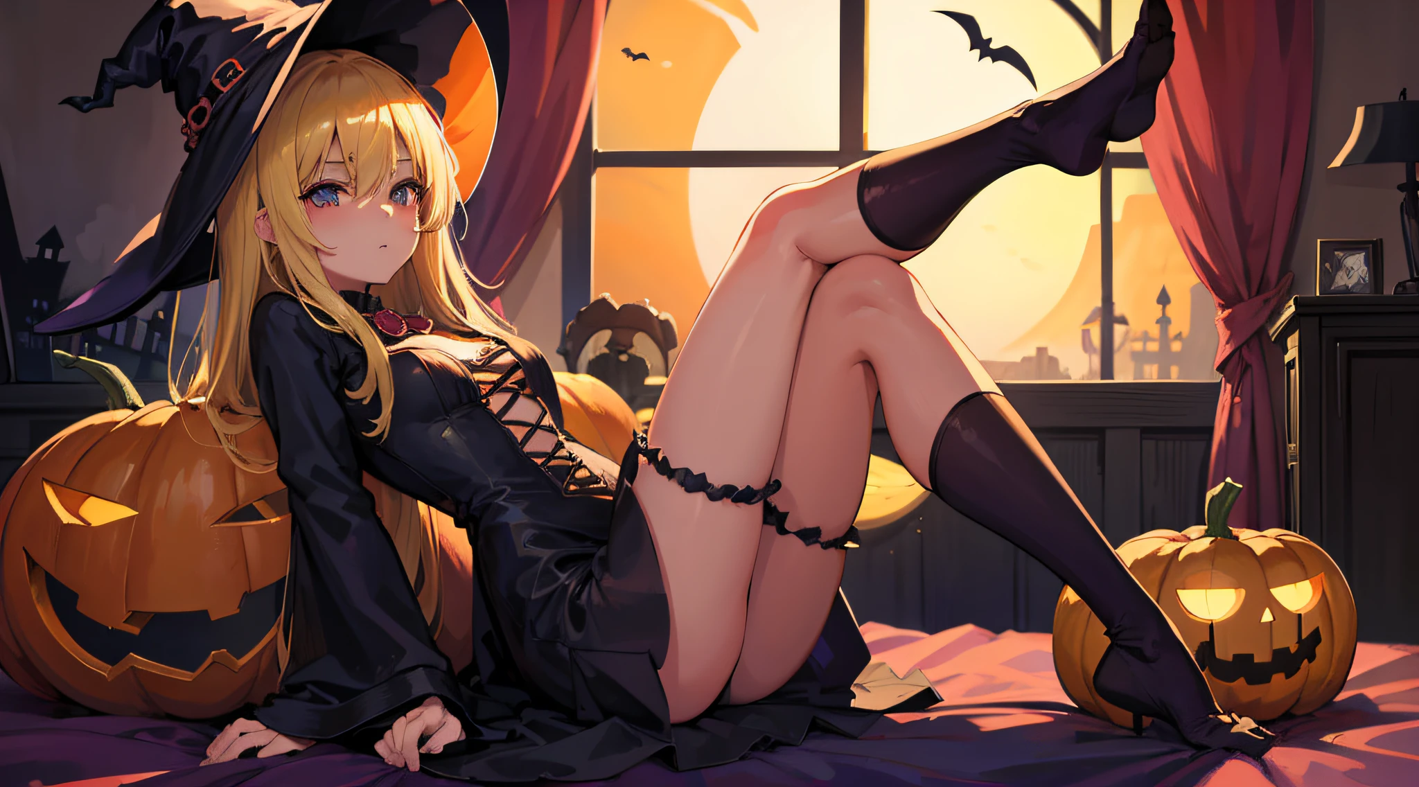 1girl, beautiful, blonde hair, halloween witch custom, full body, in a halloween decorated room, spooky