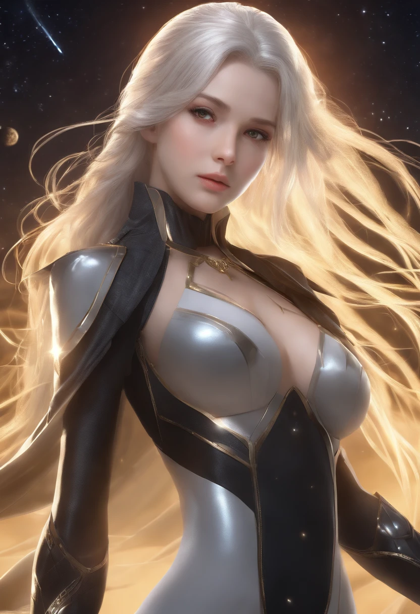 absurdres ,masterpiece, HQ, 4k, HDR, best quality, 1girl at center screen with beautifulface, white_hair. (black costume:1.2),deep dark, bangs, breasts, eyebrows_visible_through_hair, hair_ornament, light_particles, long_hair, looking_at_viewer, medium_breasts, dune surface, solo, space, star_(sky), starry_sky, twintails, very_long_hair, yellow_eyes, transparent, see-through,(Background_Giedi_Prime_Dune:1.0), (innocent face:1.1), beautiful eyes, volumetric lighting, real shadows.