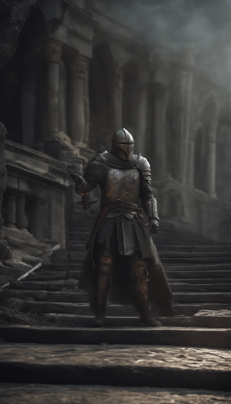 Best quality,4K,8K,A high resolution,Masterpiece:1.2),Ultra-detailed,(Realistic,Photorealistic,photo-realistic:1.37)the ashen one from dark souls 3 with a aremet helmet and no weapons walking on a hill of ash with a eclipsed sun in the sky