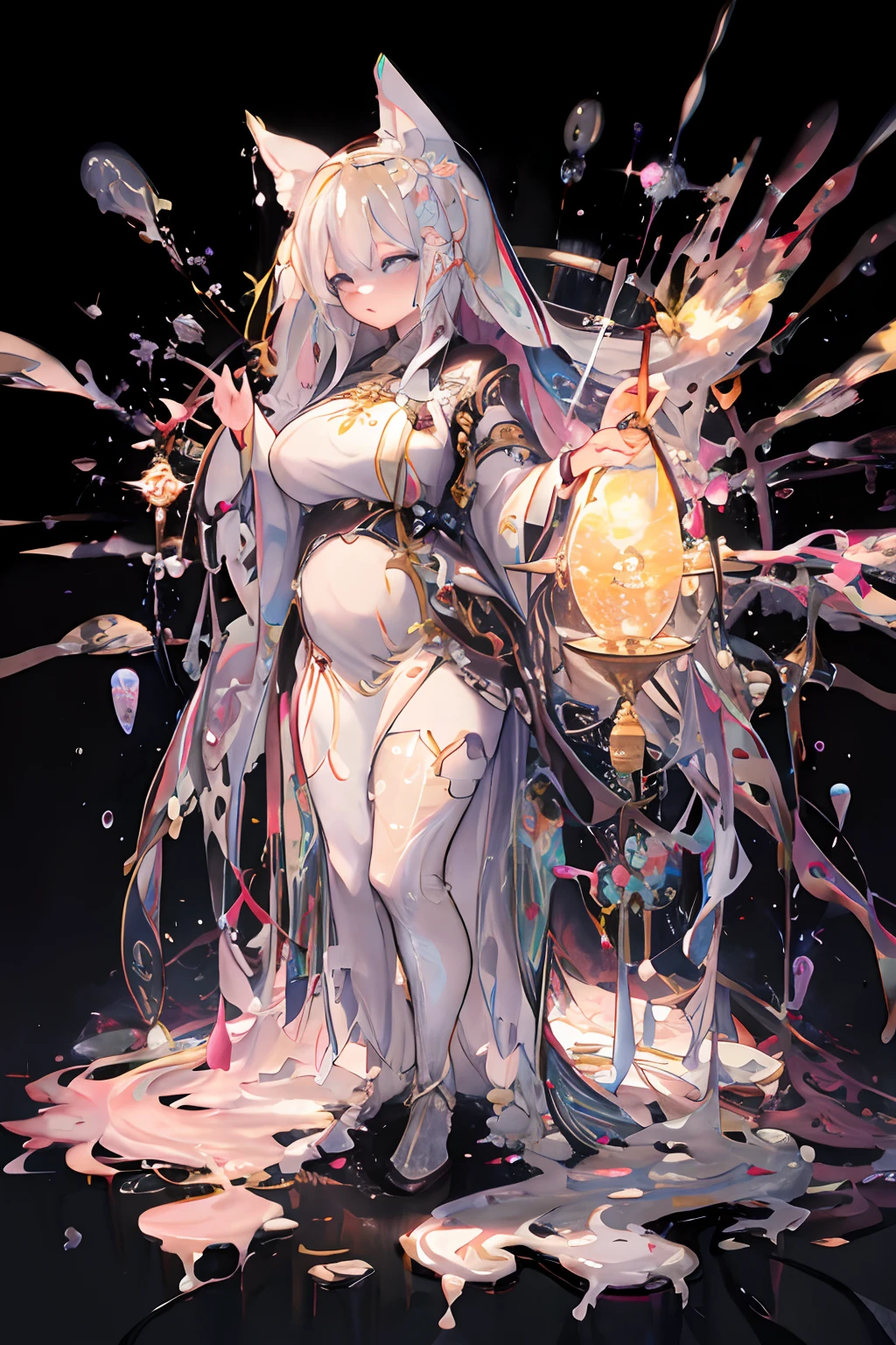 anime girl with a glowing orb in her hand, white haired deity, trending on artstation pixiv, guweiz on pixiv artstation, guweiz on artstation pixiv, high detailed official artwork, digital art on pixiv, detailed digital anime art, anime fantasy illustration, full portrait of elementalist, highly detailed exquisite fanart, jellyfish priestess,a lot of slime, slime girl, glowing, gloves, height,