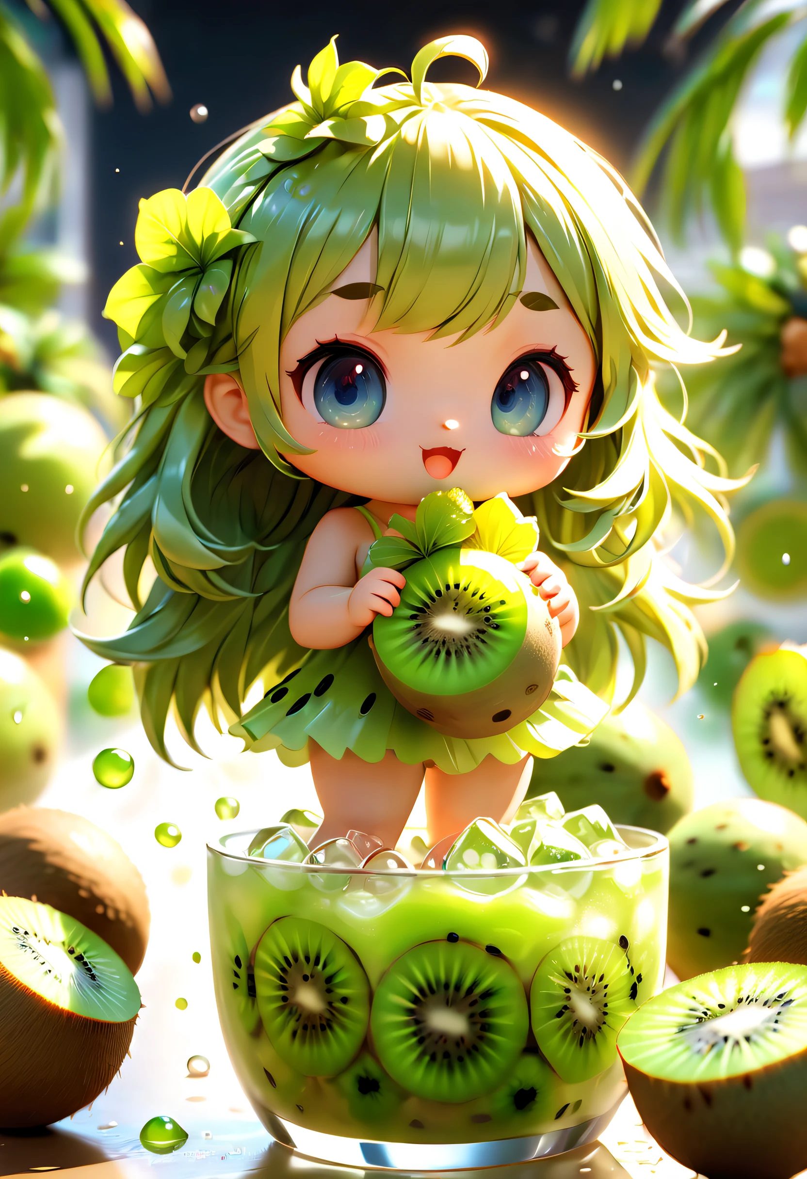 Baby Loli Chibi, cubos de gelo, Kiwi Special Features, Estilo e modelo caixa cega com estilo de mercado popular, A luz do sol brilha, Octane rendering and blender, hiper qualidade, Sharp features, Ultra HD and 8K resolution,Cool Hand Drawn Illustration，fofa