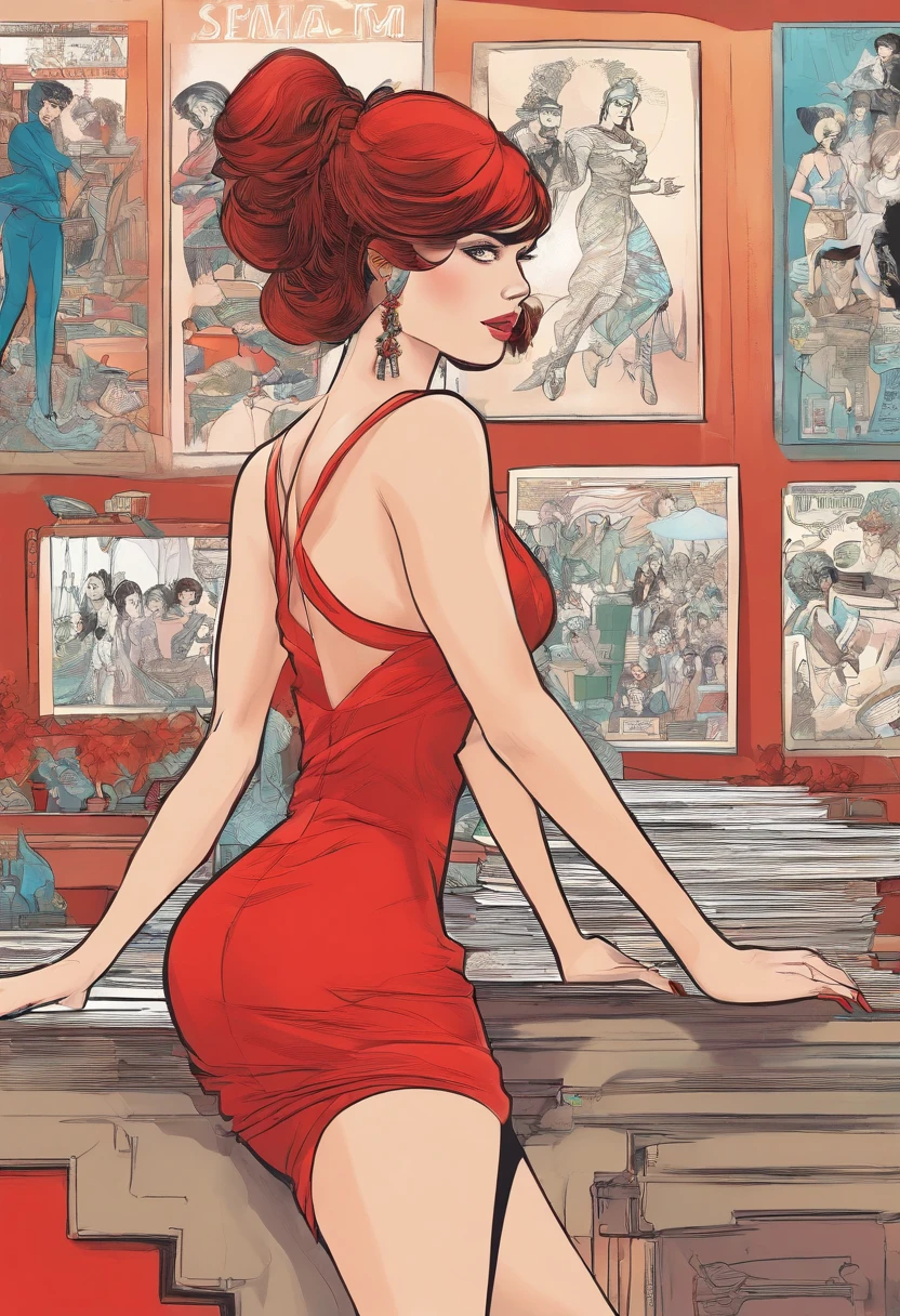 20 years old girl sitting on the chair, vintage, retro pin up style,sexy, , surprised, mini tight skirt, flowing skirt, colorful , orange and teal color scheme, masterpieces art work, illustrated,