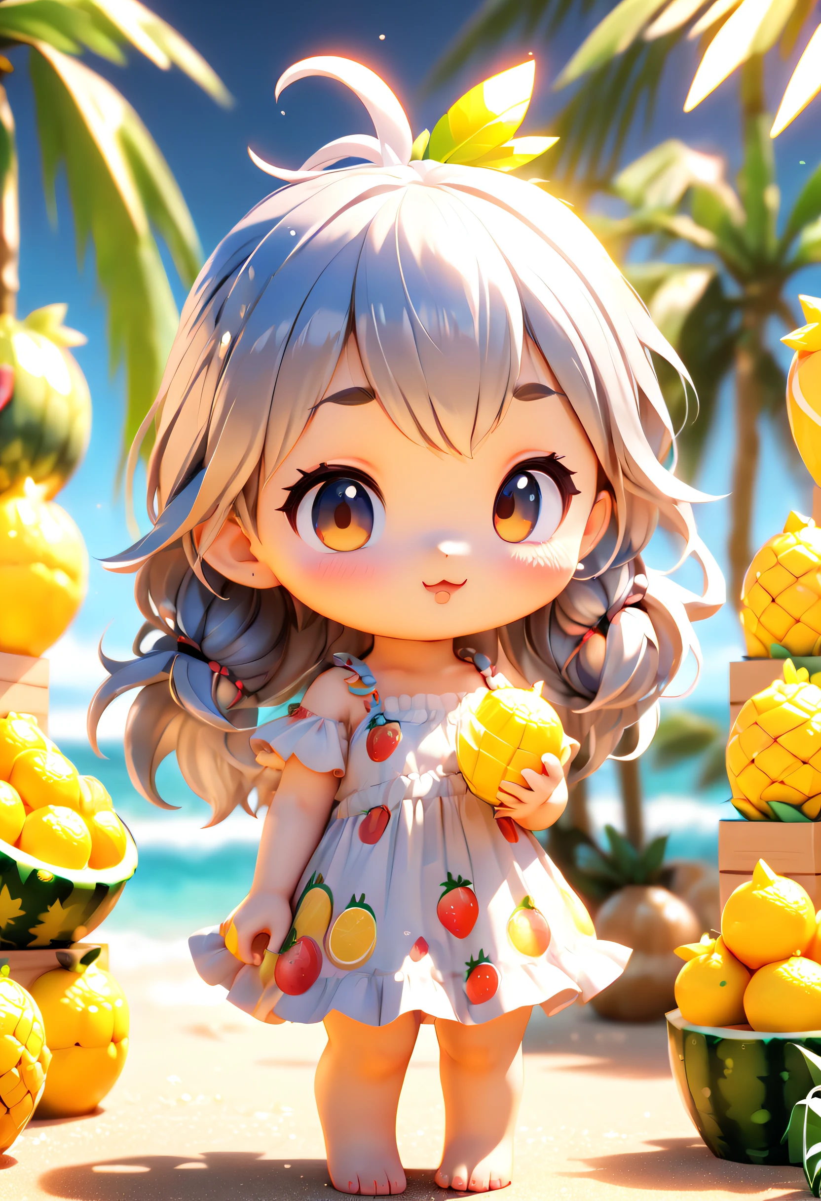 Baby Loli Chibi, cubos de gelo, abacaxi, Special features, Estilo e modelo caixa cega com estilo de mercado popular, A luz do sol brilha, Octane rendering and blender, hiper qualidade, Sharp features, Ultra HD and 8K resolution,Cool Hand Drawn Illustration，fofa