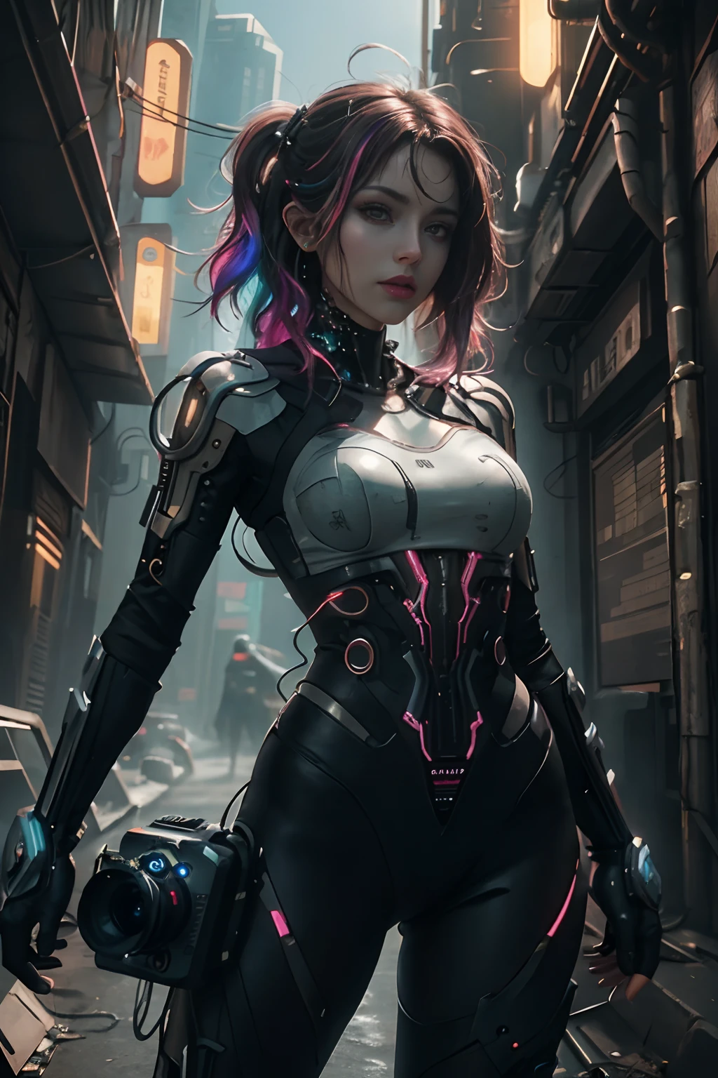 (fotorrealista:1.4) imagem de uma garota cyber punk, (qualidade superior, 8k, 32k, master part), (dynamic pose), ((facing camera)), (Looking at camera), cowboy shot, cabelos disformes, cabelos coloridos, roupas cyberpunk coloridas, profundidade de campo f/1.8, fundo da cidade cyberpunk, Cinematic lighting.