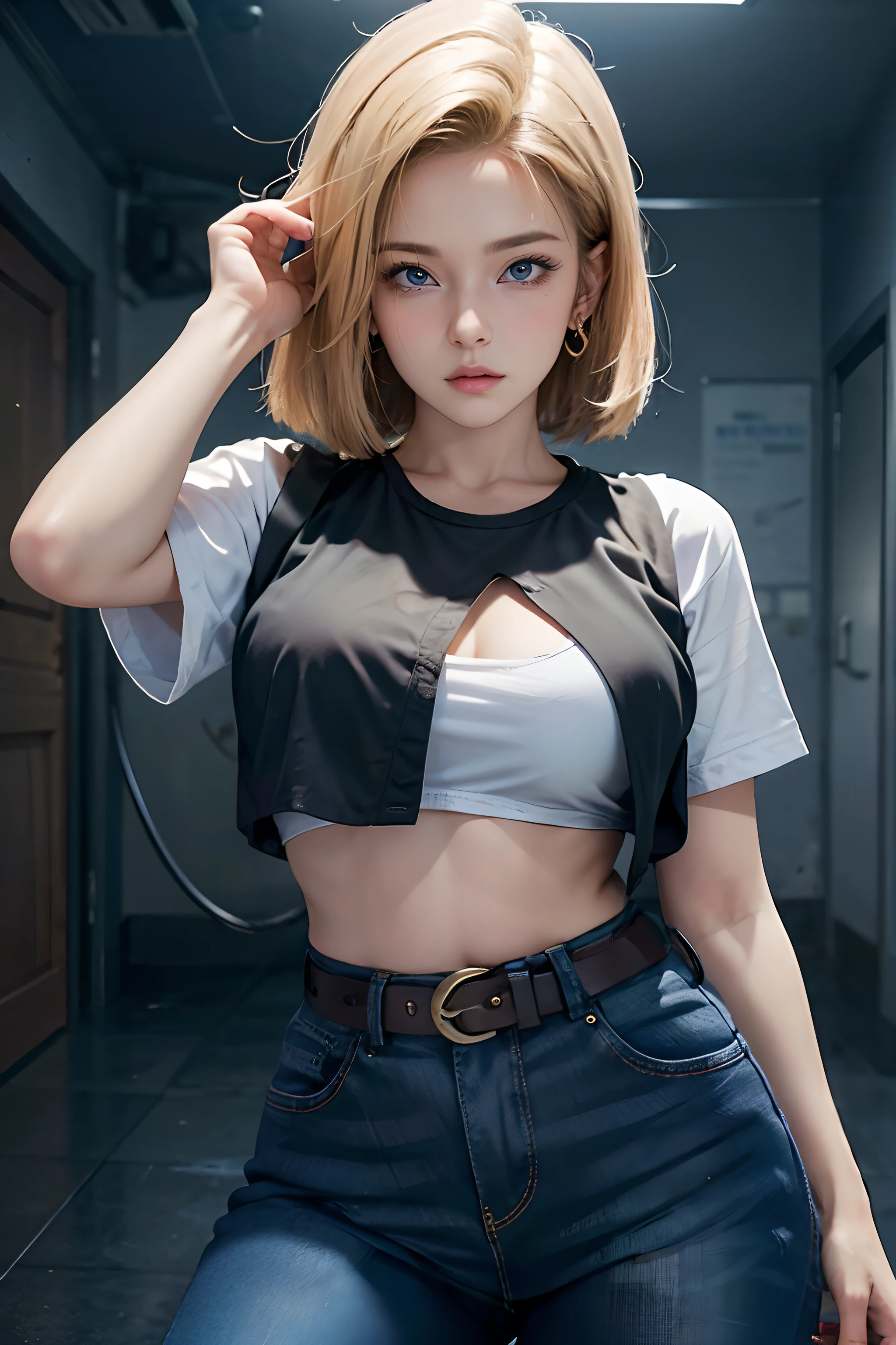 imagem hiper detalhada, UHD, 16k, foto profissional, (Foto realista do Android-18 de Dragon Ball Z) menina deusa da beleza, cabelos loiros curtos muito lisos, severe facial expression, ((Ela usa uma jaqueta jeans azul e uma camisa branca cropped, Short white underground showing breast meat)), Erotic, jaqueta jeans aberta mostrando seu grande, Seios lindos e perfeitos, (seios, longos seios pontiagudos saindo da jaqueta), ela usa um cinto e um (saia jeans azul levantada mostrando micro calcinha presa no , cabelo bubian mostrando), Botas marrons, perfect hands and fingers,
  Android 18, garota saiyajin sexy, She unleashes bursts of power, qual, Arte Oficial, Android-18 Sexy feminino, arte oficial do personagem, protagonista feminina sexy, corpo magro e tonificado curvado :8, Aqualri Toriyama, Diretor: traits of Aqualra Toriyama, Bulma de Dragon Ball, Melhor Design de Personagens de Anime, Stroke style by Aqualra Toriyama, Cute single character, semi-, (great lighting)