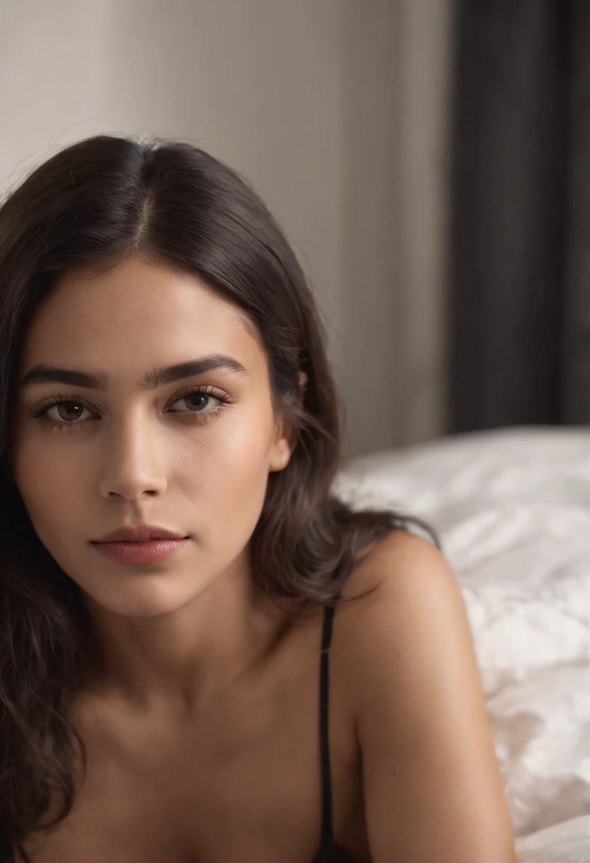 Chica pelo negro acostada en la cama en ropa interior，Ropa dispersa, cuerpo completo