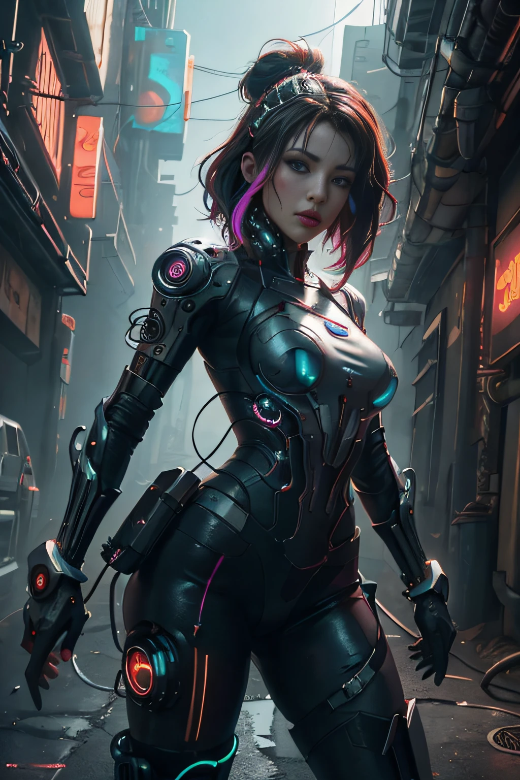 photo, high quality, (close-up shot of one girl), to8contrast style, mechanical arm, cyborg, slime colored skin, liquid slime skin, arm up, face mask, slime girl, red eyes, ((Alone in the dark, Tokyo background at night, no lighting, hard shadow, deep contrast))), pantyhose, blue light, model shooting style Trending on CGSociety, Intricate, High Detail, Sharp Focus, Dramatic, night starry sky, photorealistic painting art by (highly detailed CG unity 8k wallpaper), full body, most beautiful artwork in the world, trending on CGSociety, Intricate, High Detail, Sharp focus, Dramatic, night starry sky, photorealistic painting art by midjourney and ilya kuvshinov,