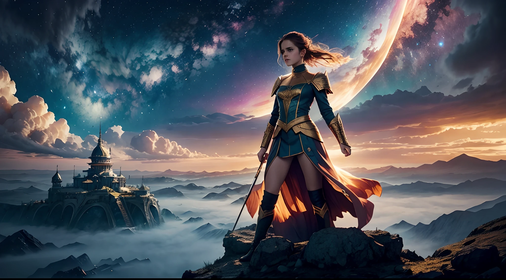 Emma Watson, as a celestial commander, stands on a floating island amidst the battle in an ethereal realm. Her presence is both majestic and commanding. The celestial glow illuminates her, creating a mystical and awe-inspiring atmosphere. The artwork combines classical and contemporary styles, portraying her in a realistic yet fantastical manner. The digital painting is incredibly detailed, capturing her likeness perfectly, while the celestial blues and radiant golds dominate the color scheme. The final result is a high-resolution, photo-realistic masterpiece that immerses the viewer in the epic battle.