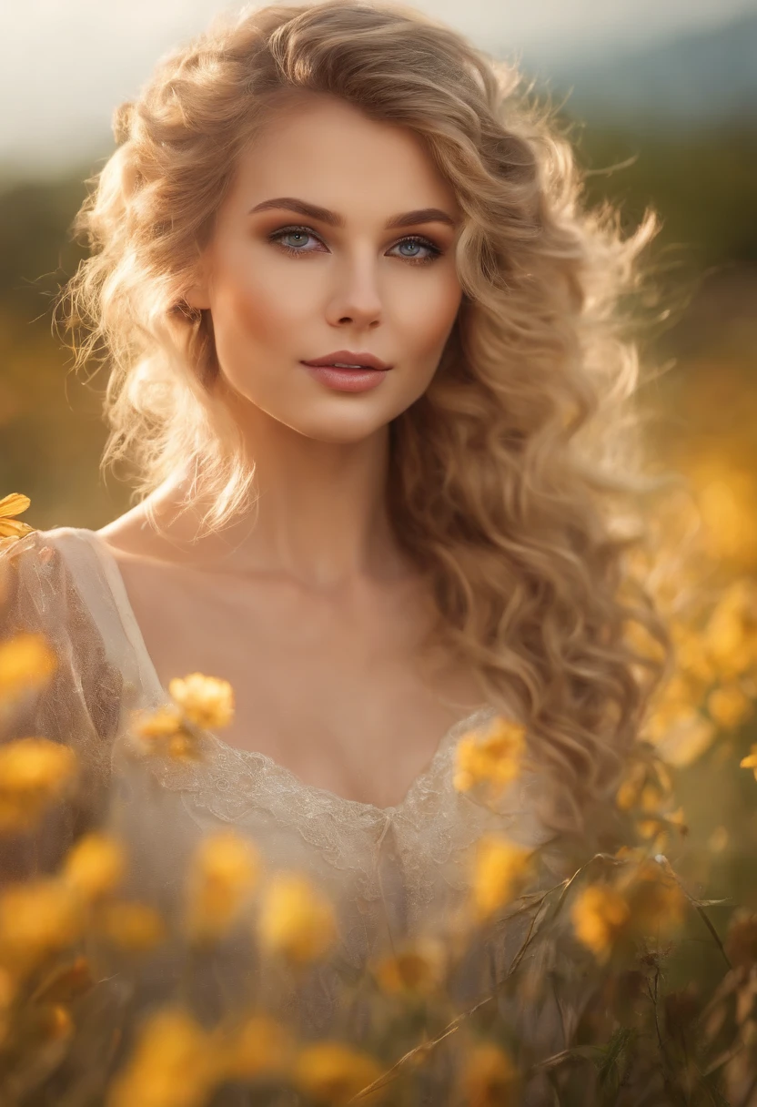 (masterpiece:1.2), (best quality:1.2), perfect eyes, perfect face, perfect lighting, 1girl, mature female in a field, medium blond hair, curly hair, detailed clothes, detailed outdoor background, makeup, eyeshadow, thick eyelashes, fantasy, looking at the viewer, spring