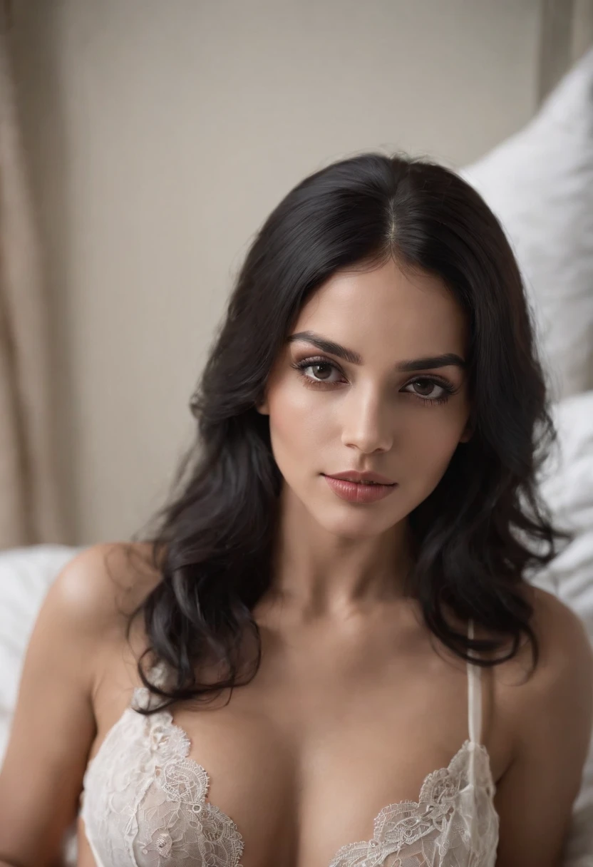 There is a Brazilian woman with black hair lying on the bed in lace lingerie, chica seductora, realista, cuerpo perfecto, fotorrealismo, Imagen ultra realista