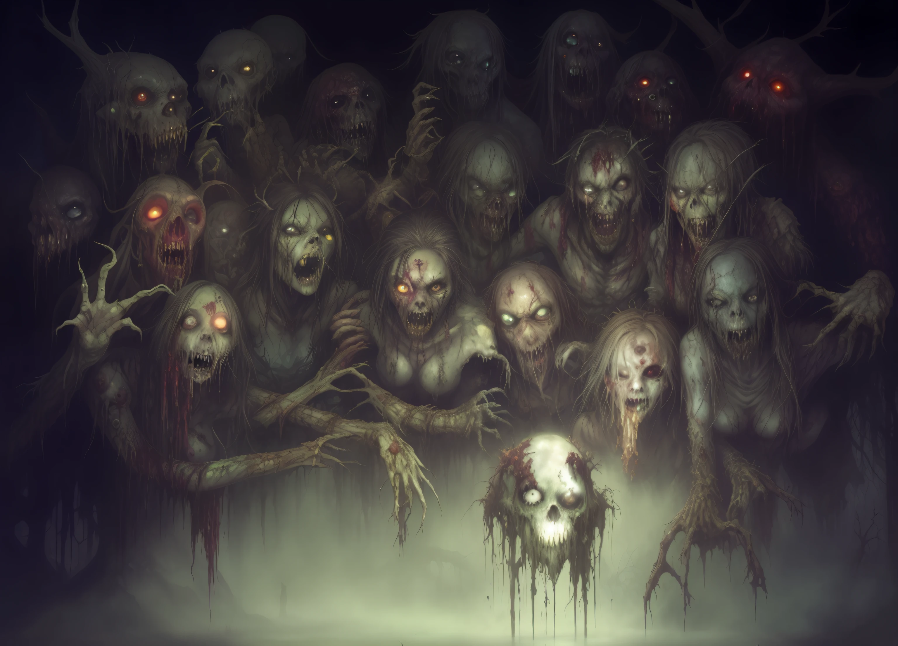 arafed image of a group of zombies in a swamp, macabre art, detailed 4k horror artwork, horror concept art, horror fantasy art, pushead art, dark fantasy horror art, fantasy horror art, dug stanat macabre art, creepy!!, nightmarish illustration, elegant horror artwork, horror illustration, horror artwork, horror painting, creepy!!!