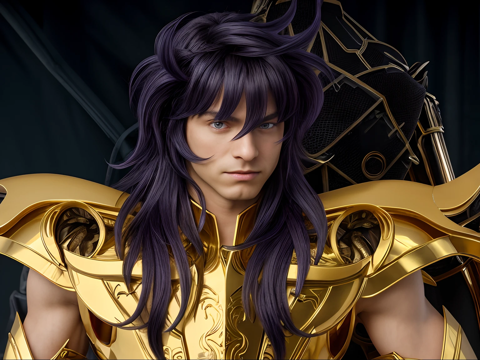 Cinematic stunningly detailed and ultra-realistic Milo Scorpio of Saint Seiya. Close up. He is wearing a golden detailed medieval armor. Shoulder armor. Muscular. He is a handsome caucasian man about 35 years old. 1boy. Detailed face. Beautiful nose. (Pretty big blue eyes). Perfect eyes. ((Shaved)). He has purple blue long hair. Messy hair. Bangs. . He is staring his enemy. (full body armor), (detailed armor, high quality), (ornate armor), (hdr), (noble), inspiring, film, cinematic lighting, (no hair adornment).