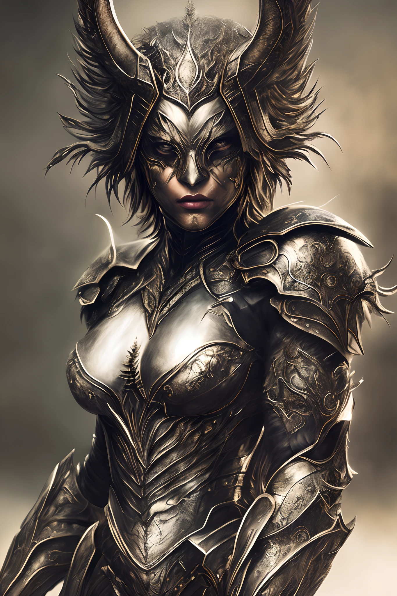 (realistic:1.3), 
poster,
intricate details,
Full body portrait painting \(artwork\), 
((masterpiece,best quality)), 
((cinematic light)), 
[beautiful woman|buffalo|seductive goddess],
hybrid,
hyperealistic,  
intimidating, 
dark fantasy \(style\), 
detailed armor