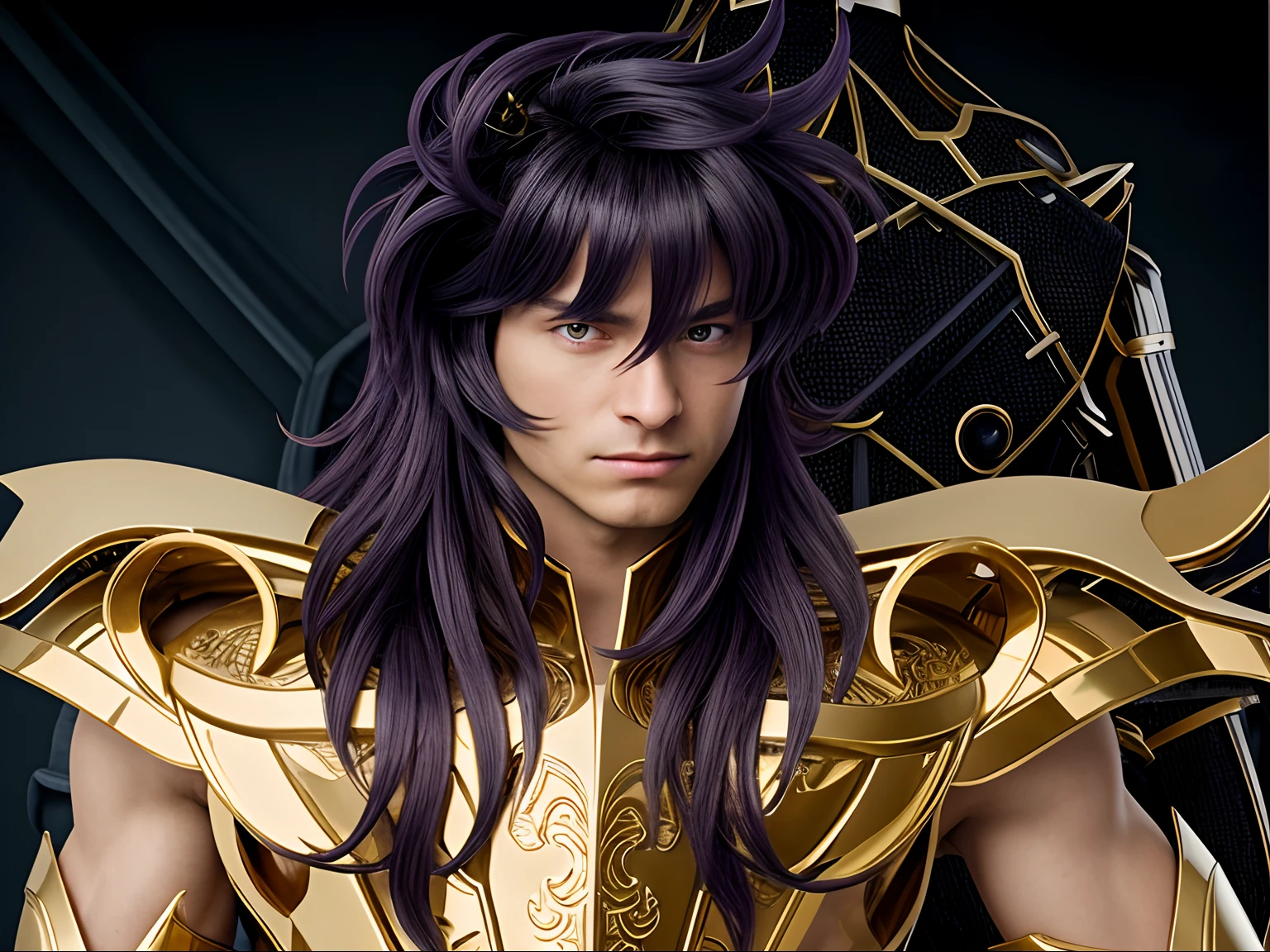 Cinematic stunningly detailed and ultra-realistic Milo Scorpio of Saint Seiya. Close up. He is wearing a golden detailed medieval armor. Shoulder armor. Muscular.  He is a handsome caucasian man about 35 years old. 1boy.  Detailed face. Beautiful nose. (Pretty big blue eyes). Perfect eyes. ((Shaved)). He has purple blue long hair. Messy hair.  Bangs. . He is staring his enemy. (full body armor), (detailed armor, high quality), (ornate armor), (hdr), (noble), inspiring, film, cinematic lighting, (no hair adornment).