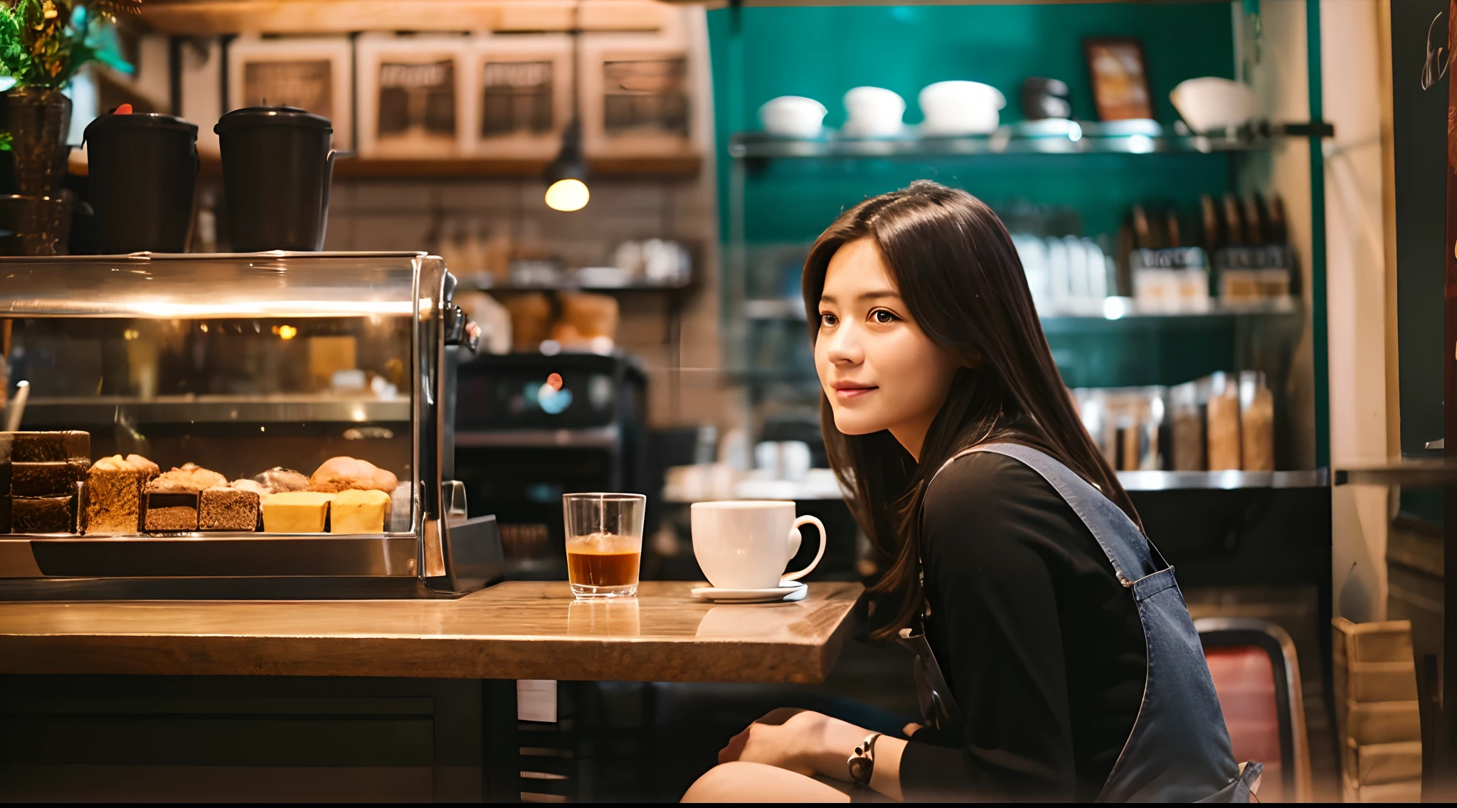 Woman sitting in café　Rear view