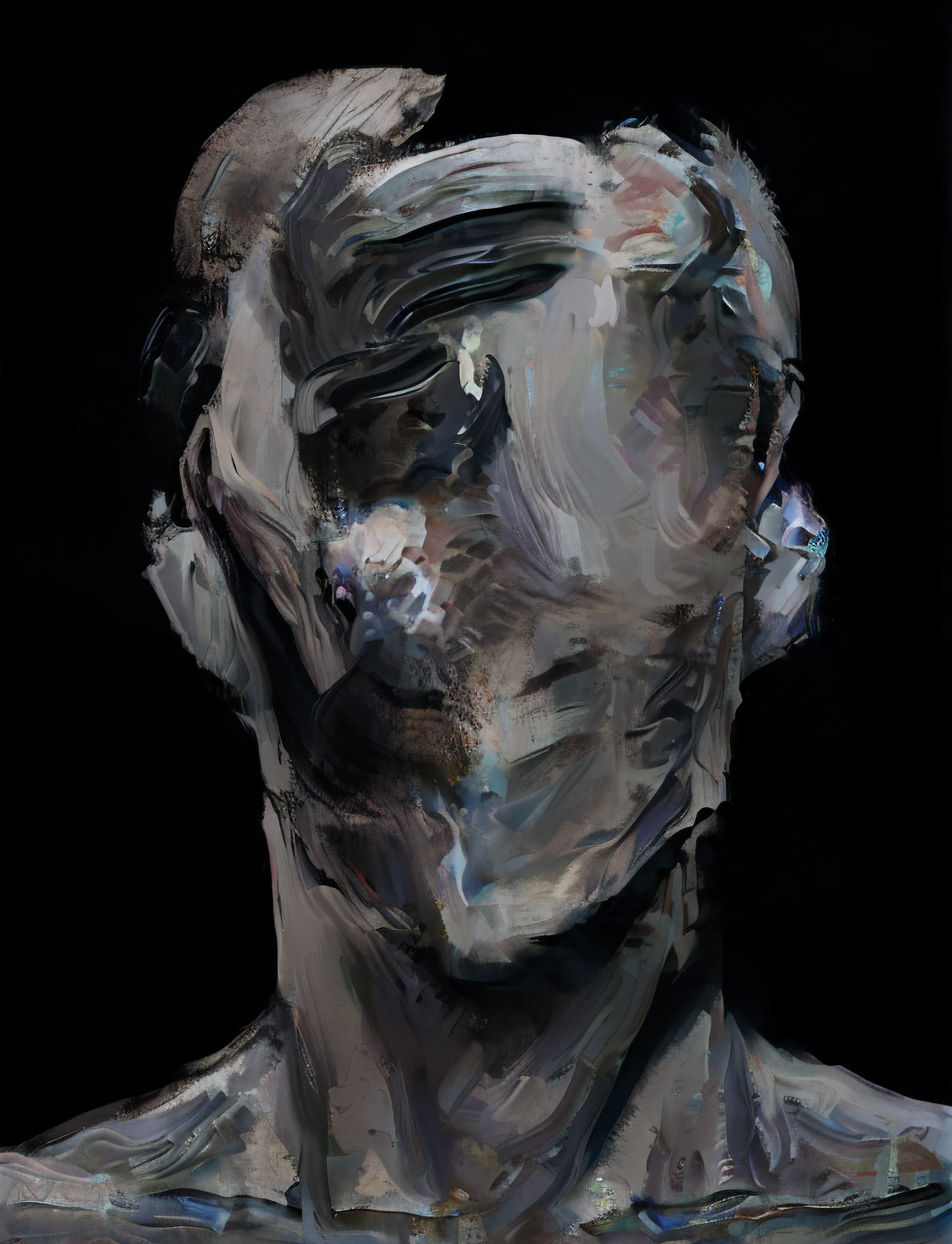 A close-up of a painting of a man with headphones on his ears, Digital oil on canvas, Humanoid portrait, Portrait of an AI-hungry artist, Portrait abstrait, inspired by Yanjun Cheng, AI-Assisted Digital Painting, Digital oil painting, Portrait of an AI artist in tears, Portrait of a male humanoid, Portrait en peinture, Painted in high resolution