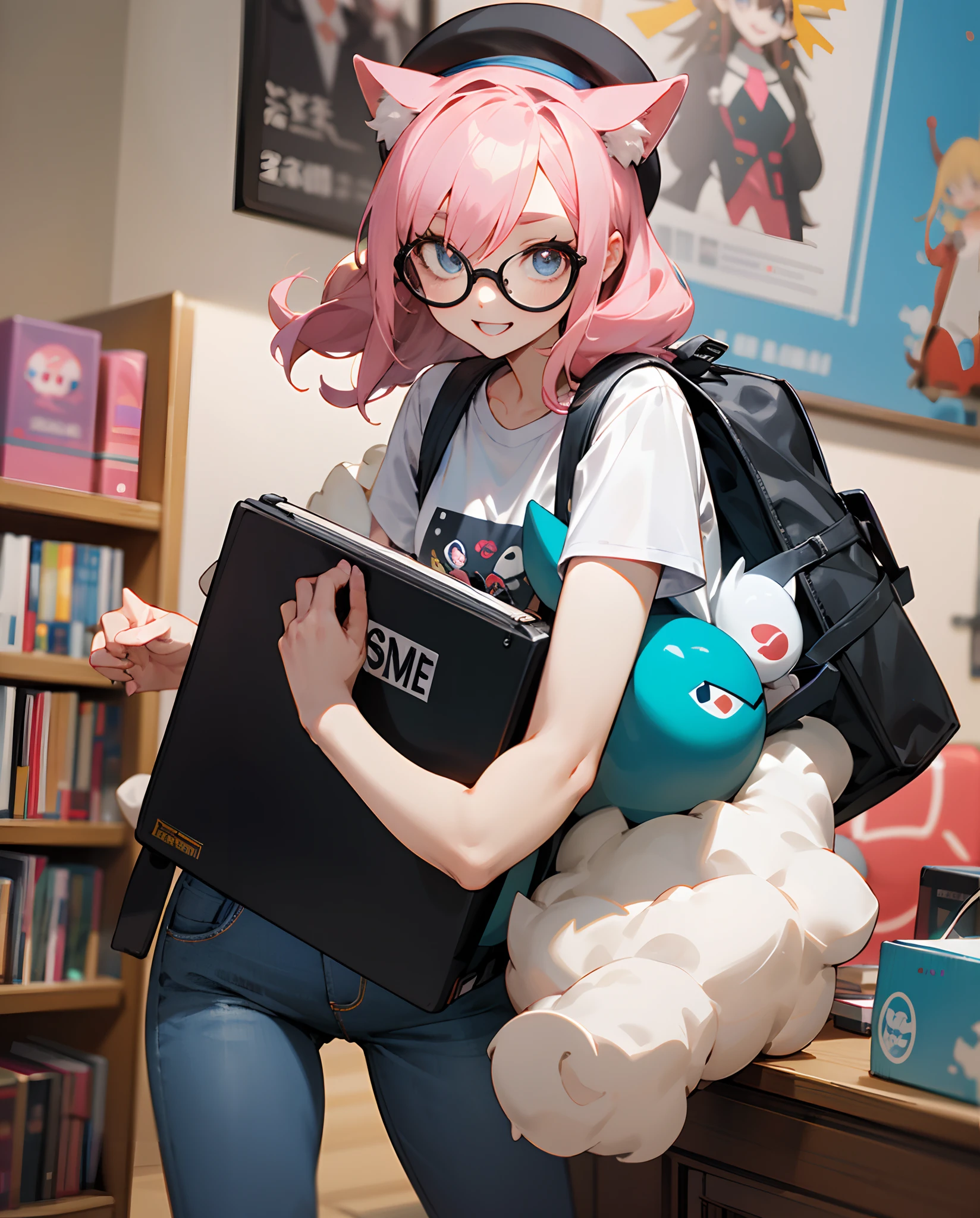 Mina has pale pink hair that falls in loose curls over her shoulders. His eyes are a bright shade of blue and he wears round glasses with a slightly comical touch. He wears a t-shirt with a pixel art print of his favorite video game character and a pair of comfortable jeans. He always wears a wool hat with cat ears to give it a playful touch. In his backpack, he carries a collection of plush keychains from his favorite anime and always has a bag of instant ramen snacks on hand. Personality: Mina is a friendly and smiling person, always willing to share references and anecdotes about otaku culture with a smile. Although his sense of humor is a little eccentric, it is harmless and infectious. Hobbies: She loves attending anime and cosplay conventions, where she often dresses as classic video game characters with a humorous twist. She is also an avid player of retro and modern video games. Otaku Symbols: In his room, you will find a large collection of action figures, video game consoles, and anime posters. It also has a shelf full of manga and light novels, plus a number of themed pillows.